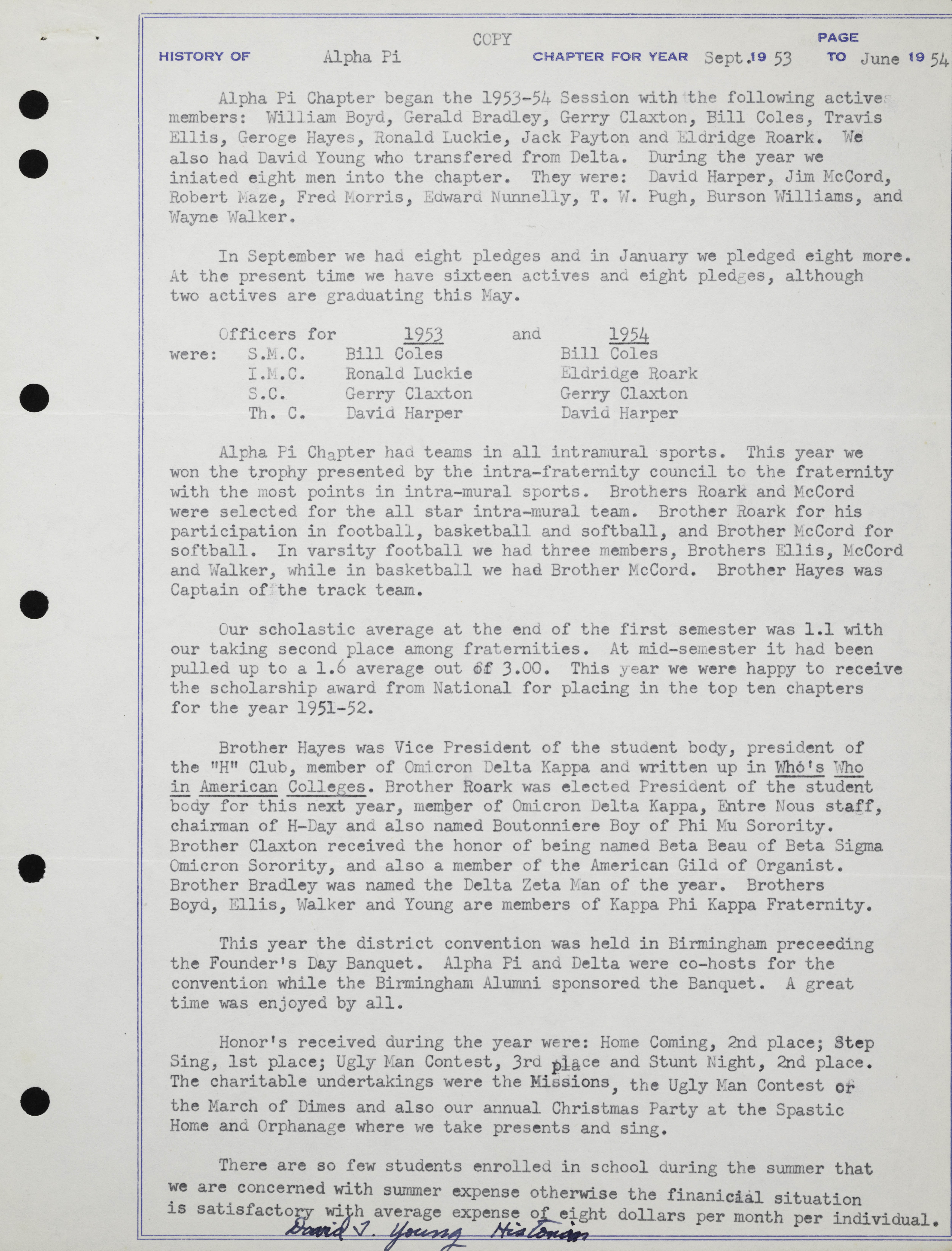 History of Alpha Pi Chapter, September 1953-June 1954