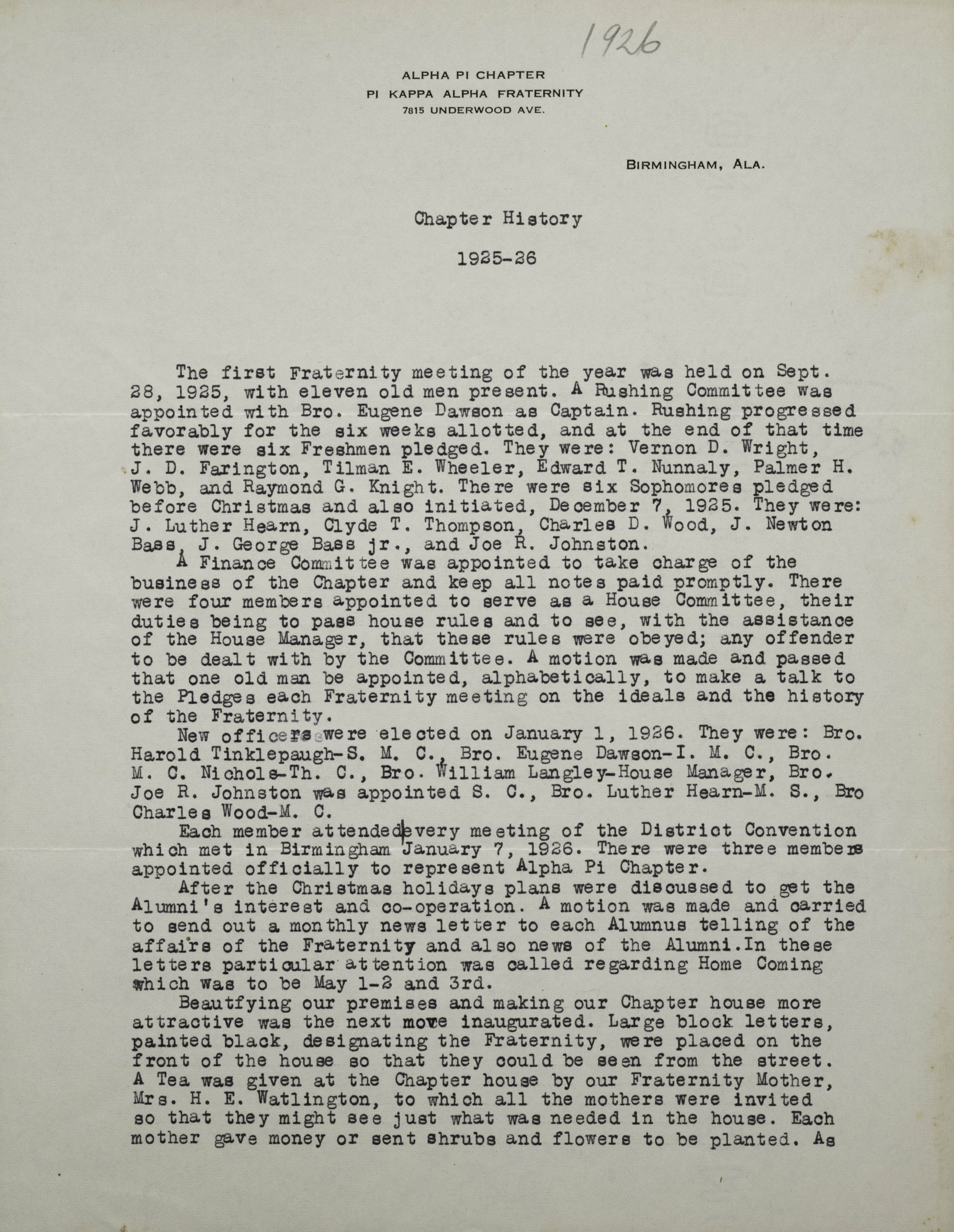 Chapter History, 1925-1926