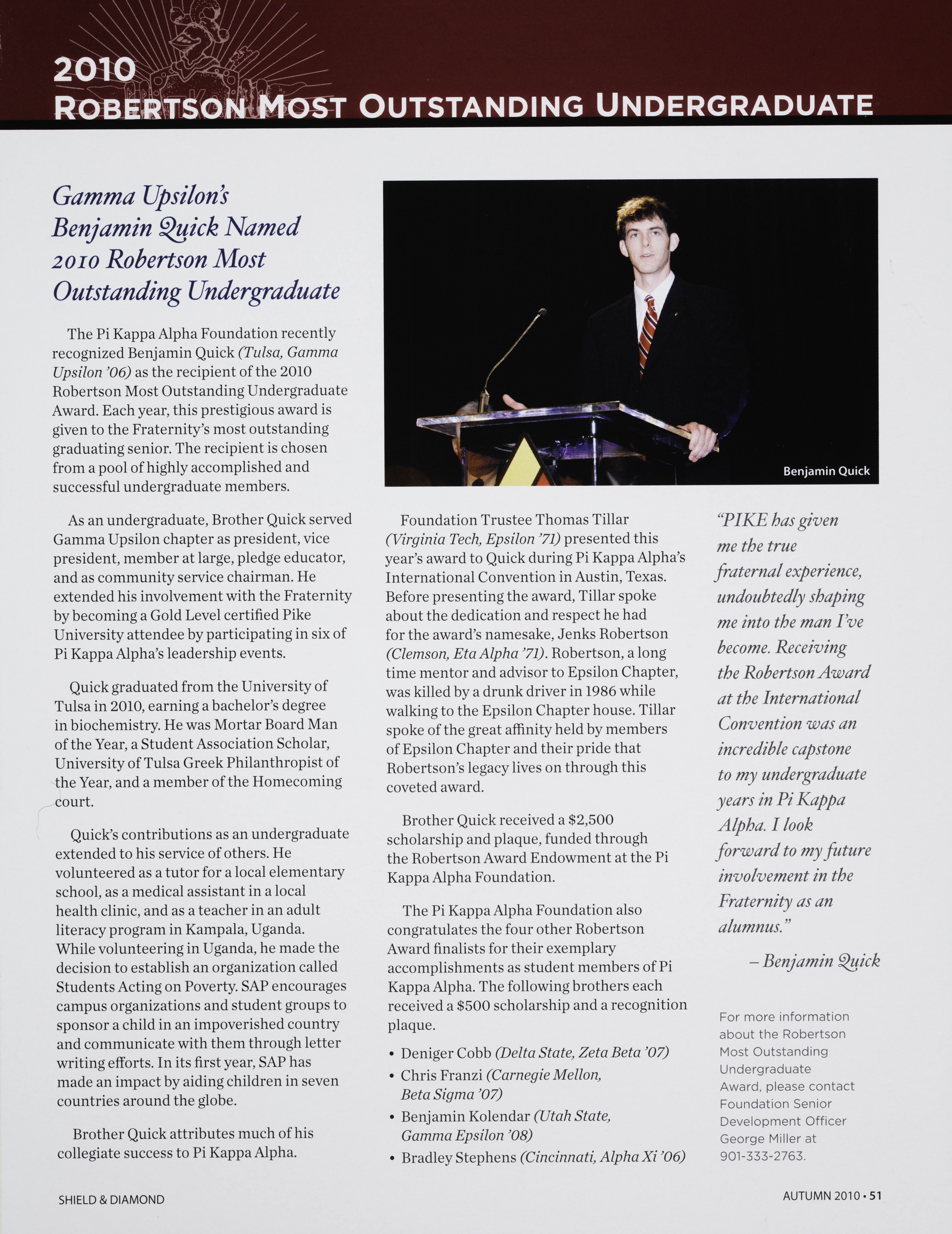 Gamma Upsilon's Benjamin Quick Named 2010 Robertson Most Outstanding Undergraduate Magazine Clipping
