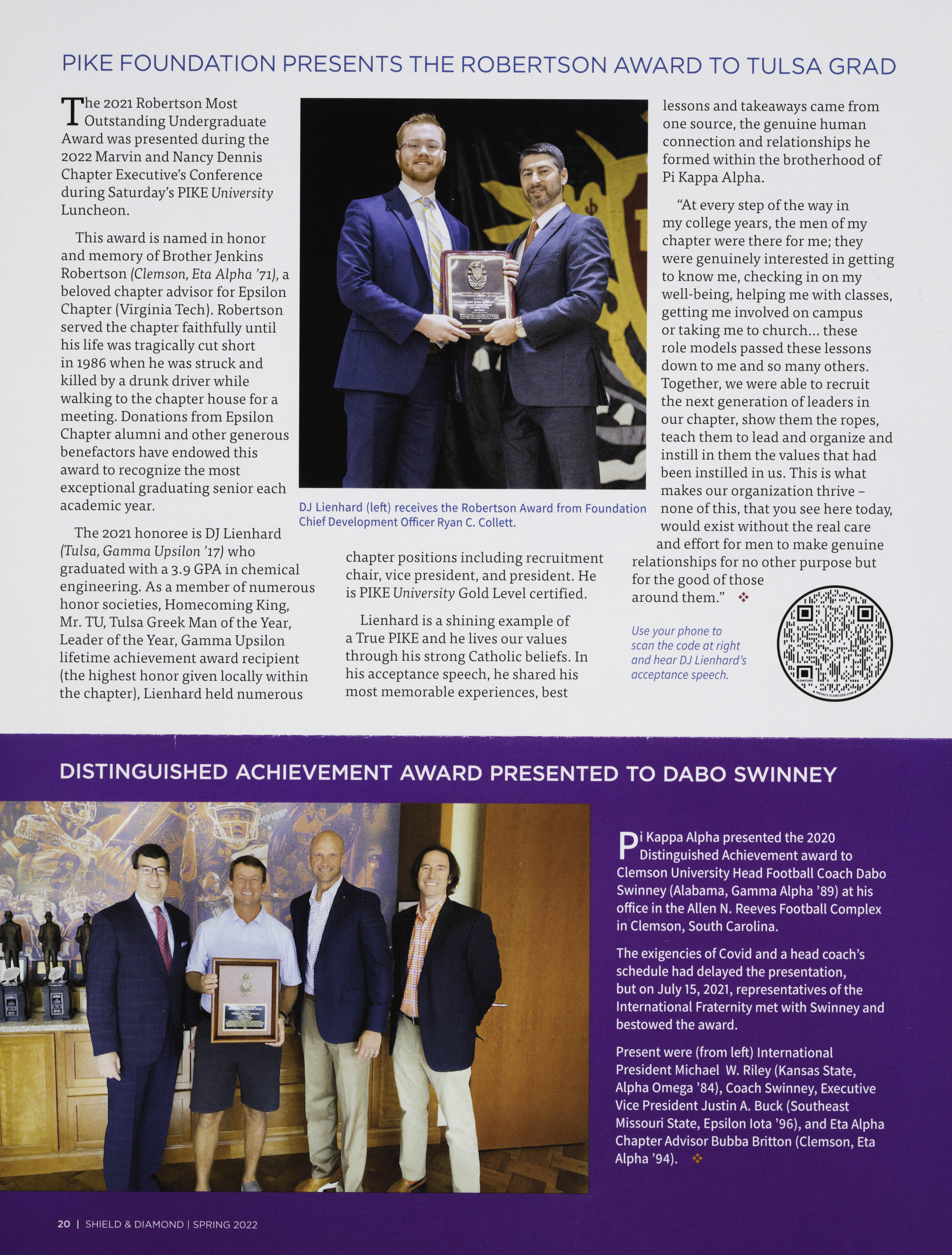 Pike Foundation Presents the Robertson Award to Tulsa Grad Magazine Clipping, Spring 2022