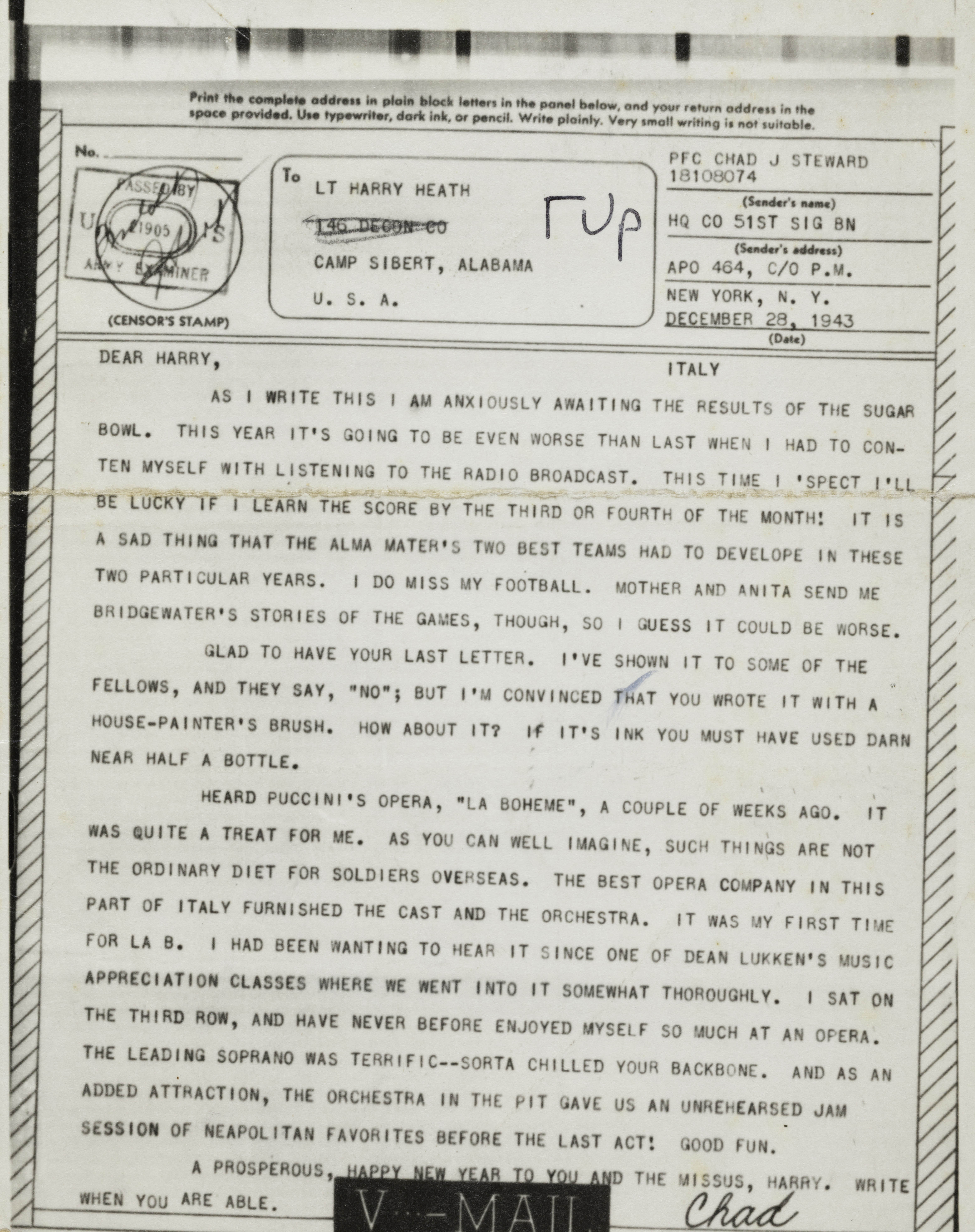 Chad Steward to Harry Heath Letter, December 28, 1943