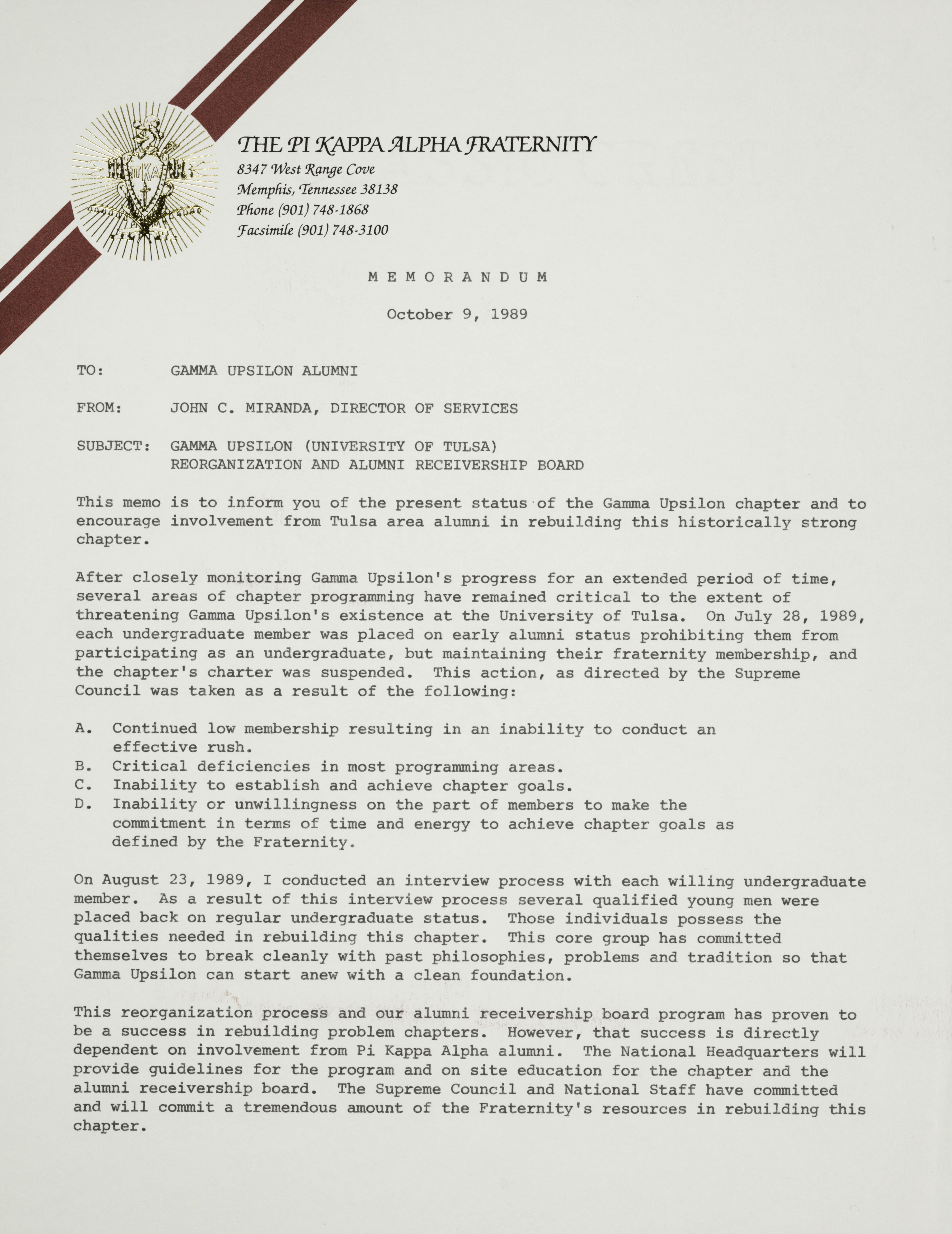John Miranda to Gamma Upsilon Alumni Memorandum, October 9, 1989