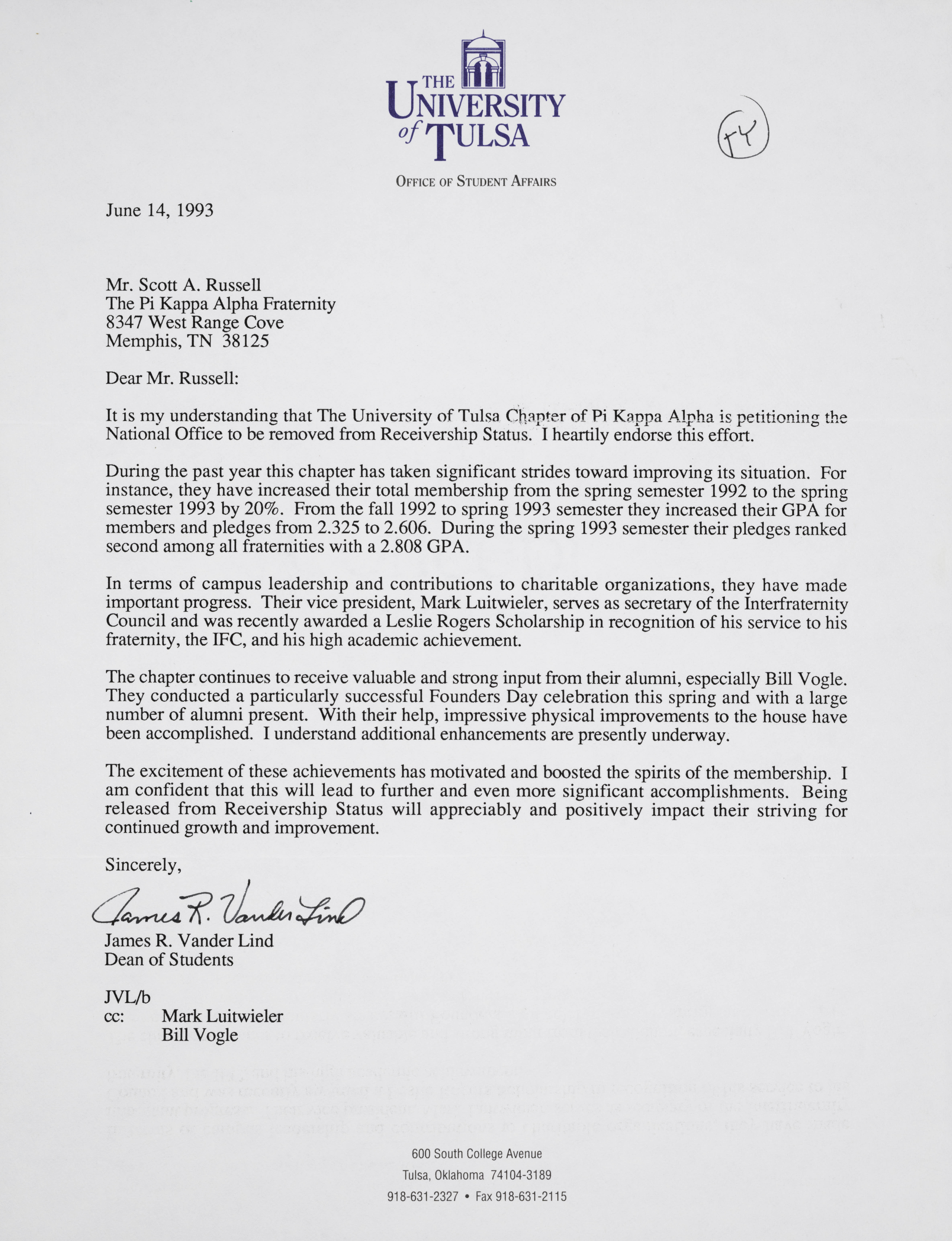 James Vander Lind to Scott Russell Letter, June 14, 1993