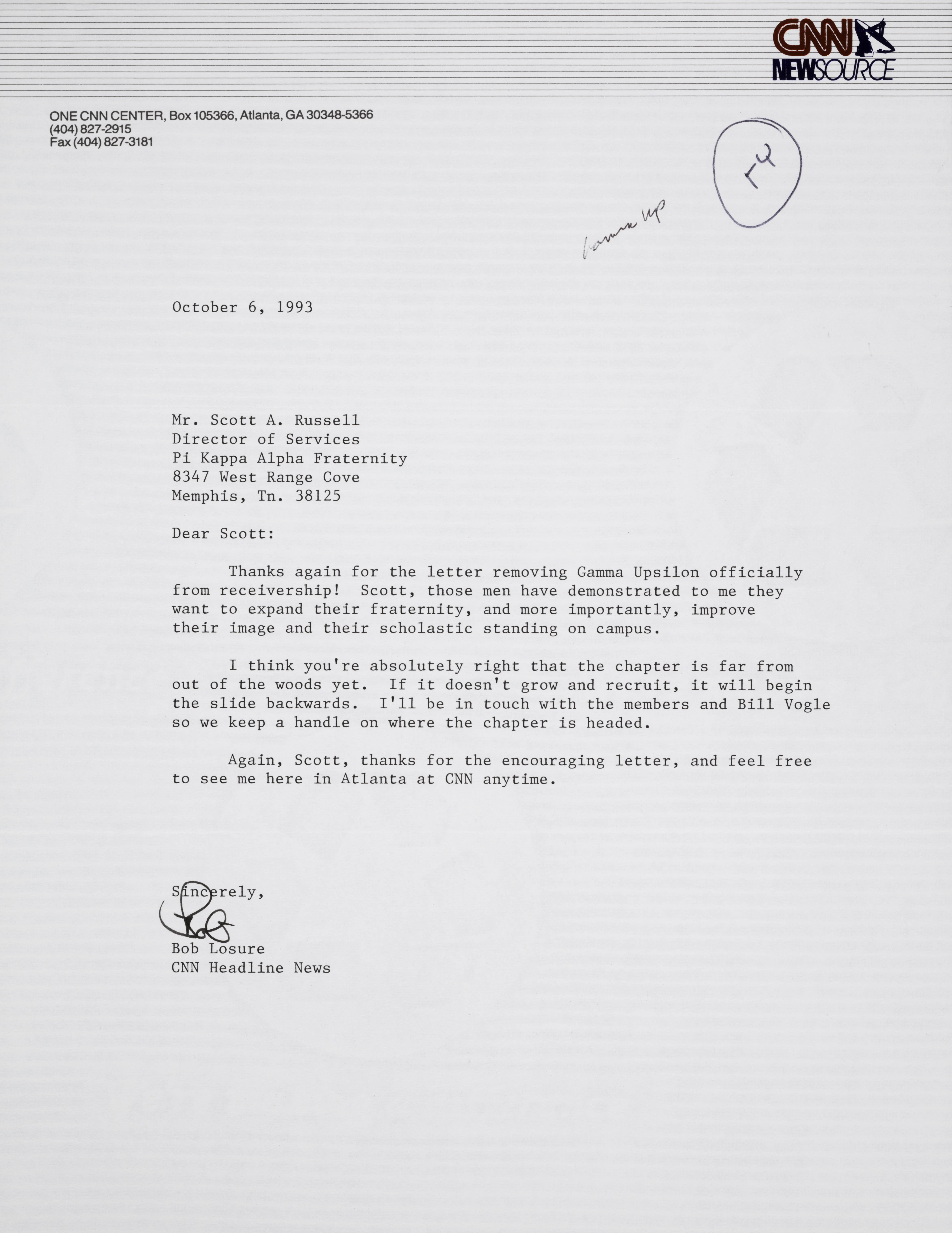 Rob Losure to Scott Russell Letter, October 6, 1993