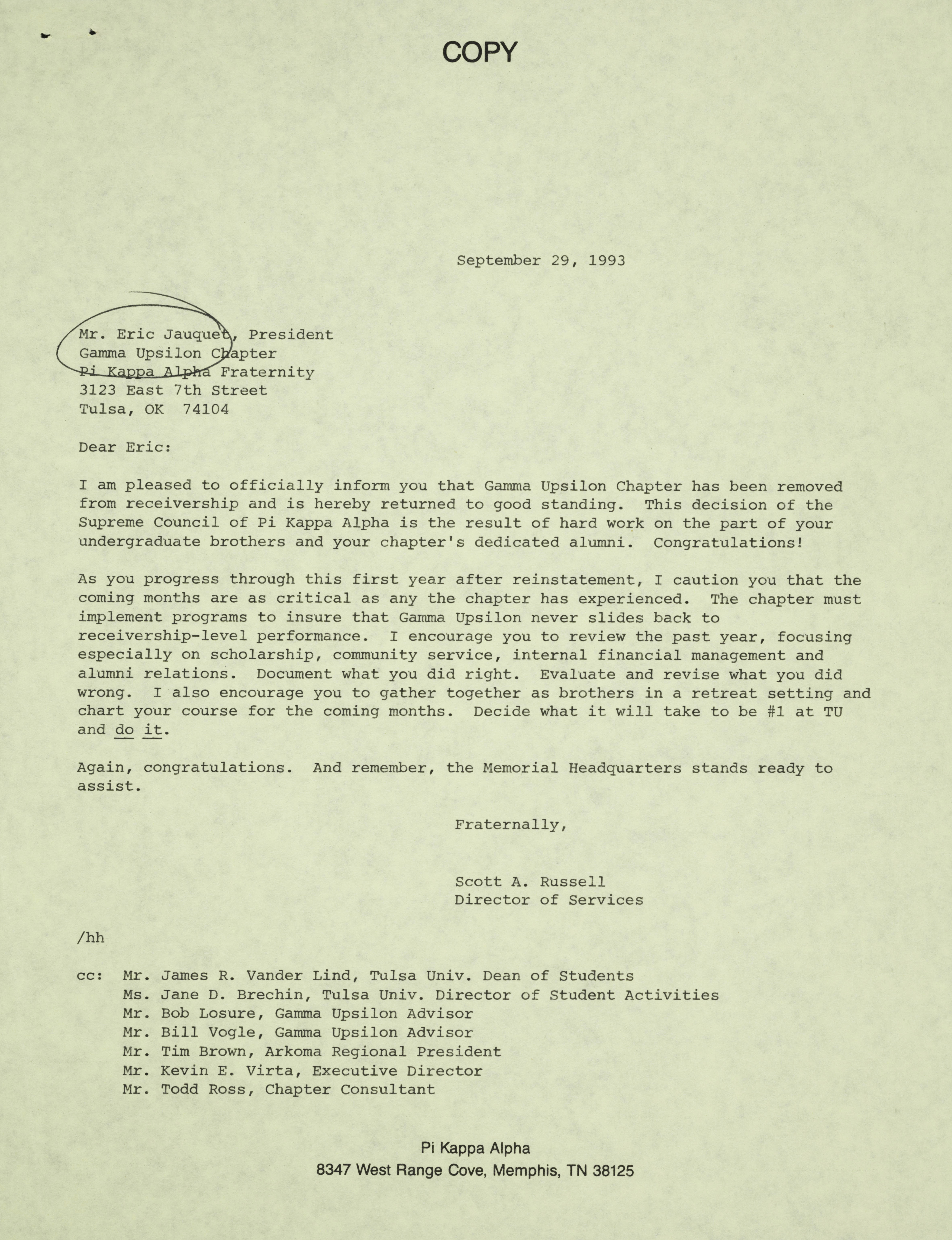 Scott Russell to Eric Jauquet Letter, September 29, 1993