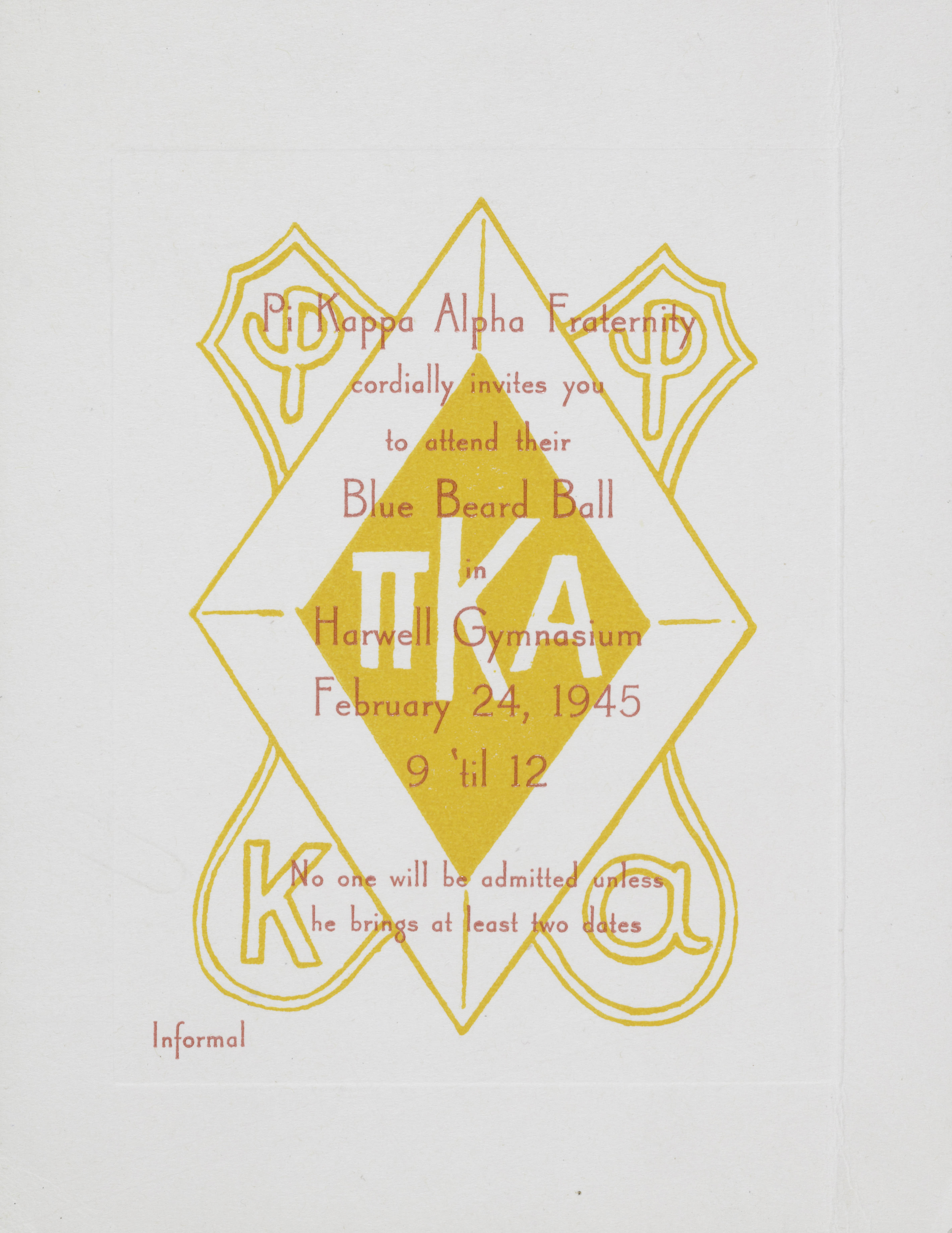 Pi Kappa Alpha Fraternity Blue Beard Ball Invitation, February 24, 1945