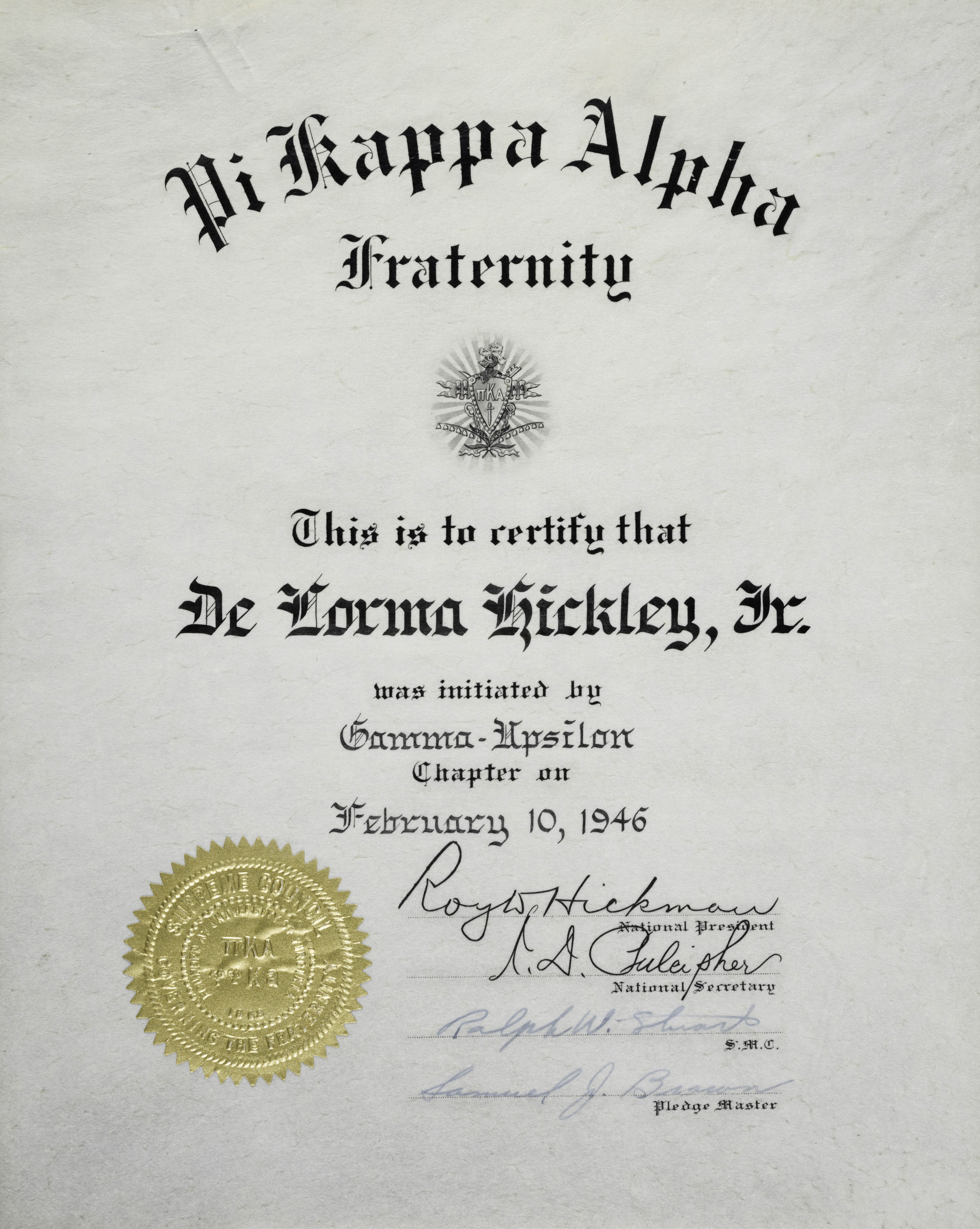 De Hickley Initiation Certificate, February 10, 1946