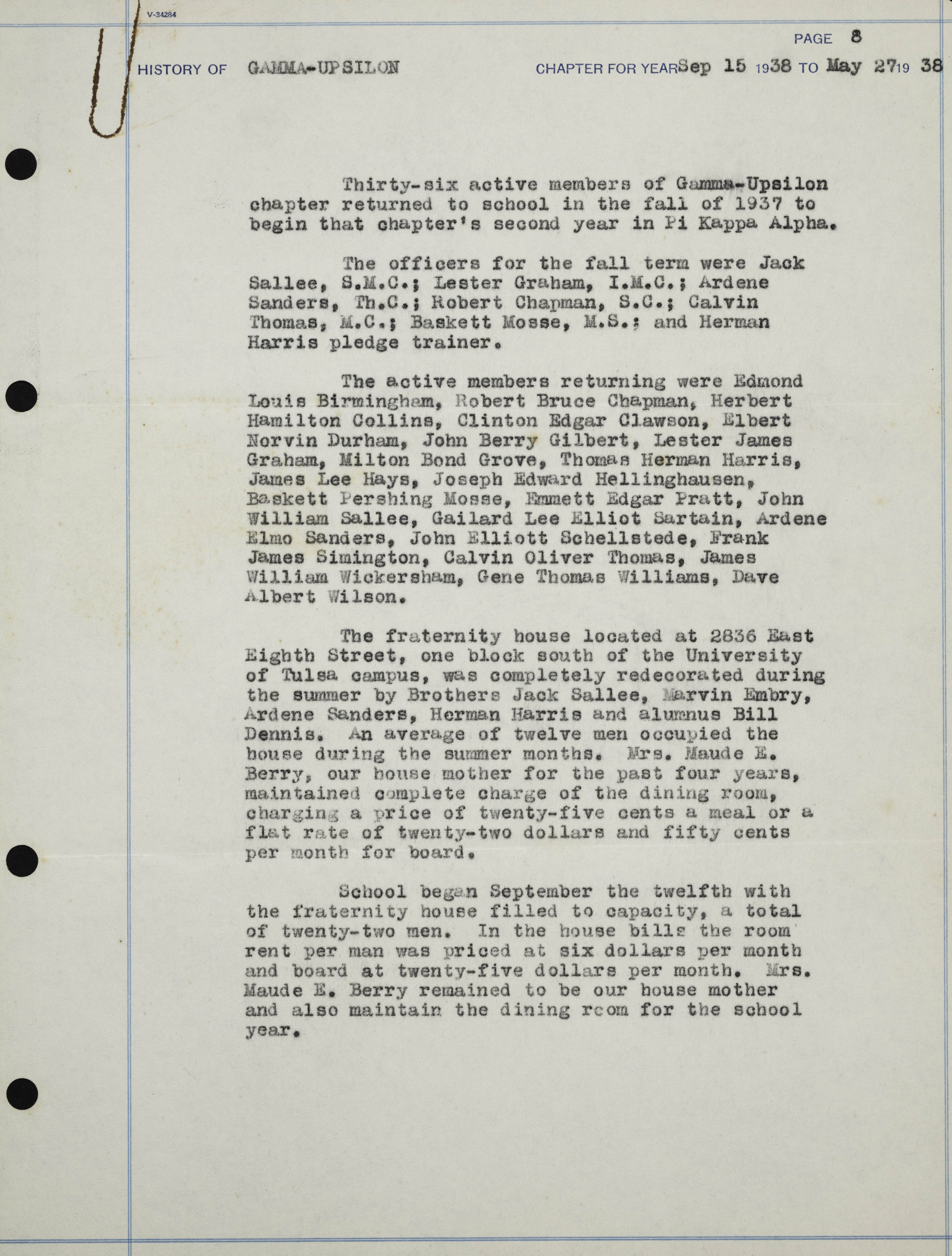 History of Gamma Upsilon Chapter, September 15, 1937-May 27, 1938