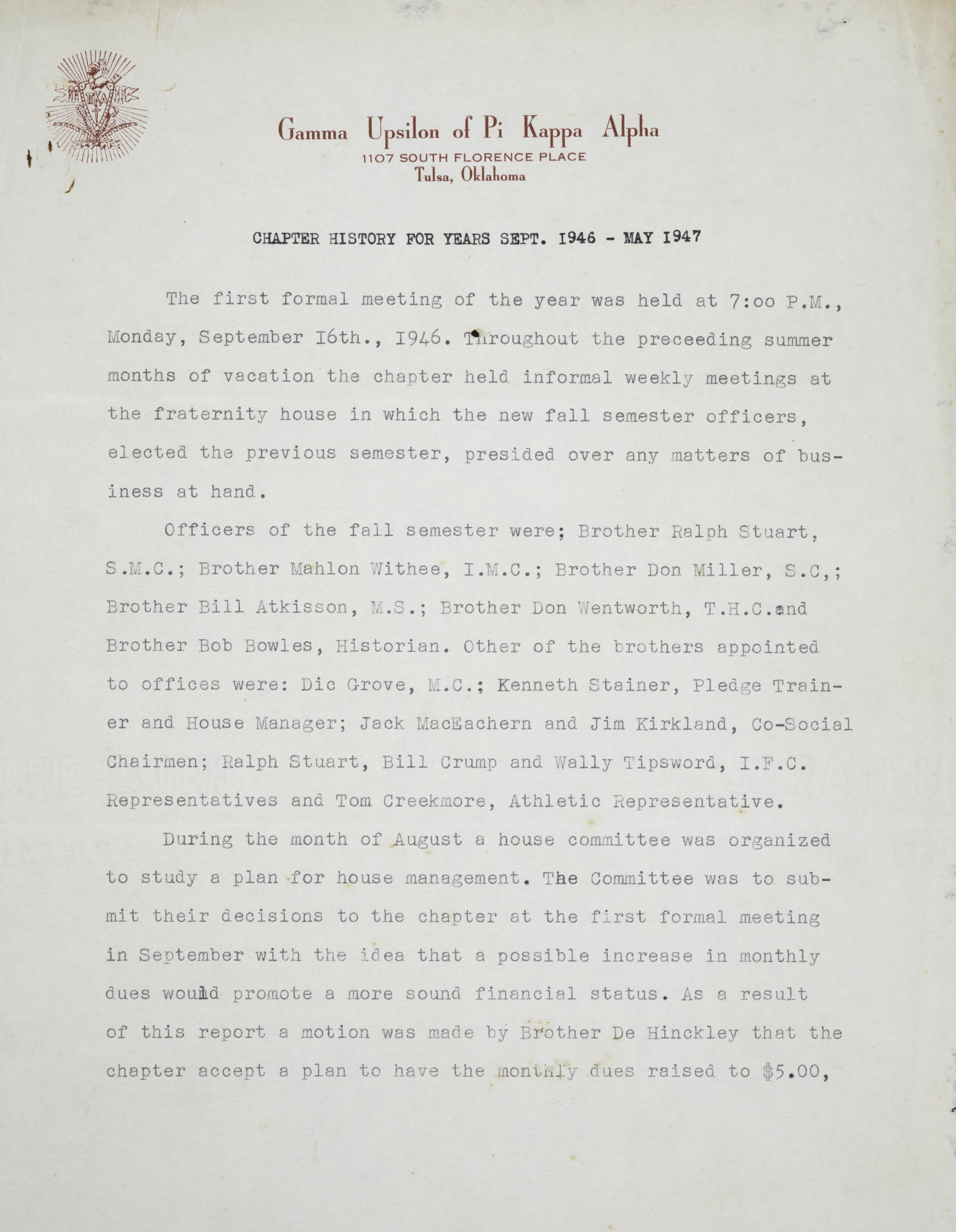 Gamma Upsilon Chapter History for Years September 1946-May 1947