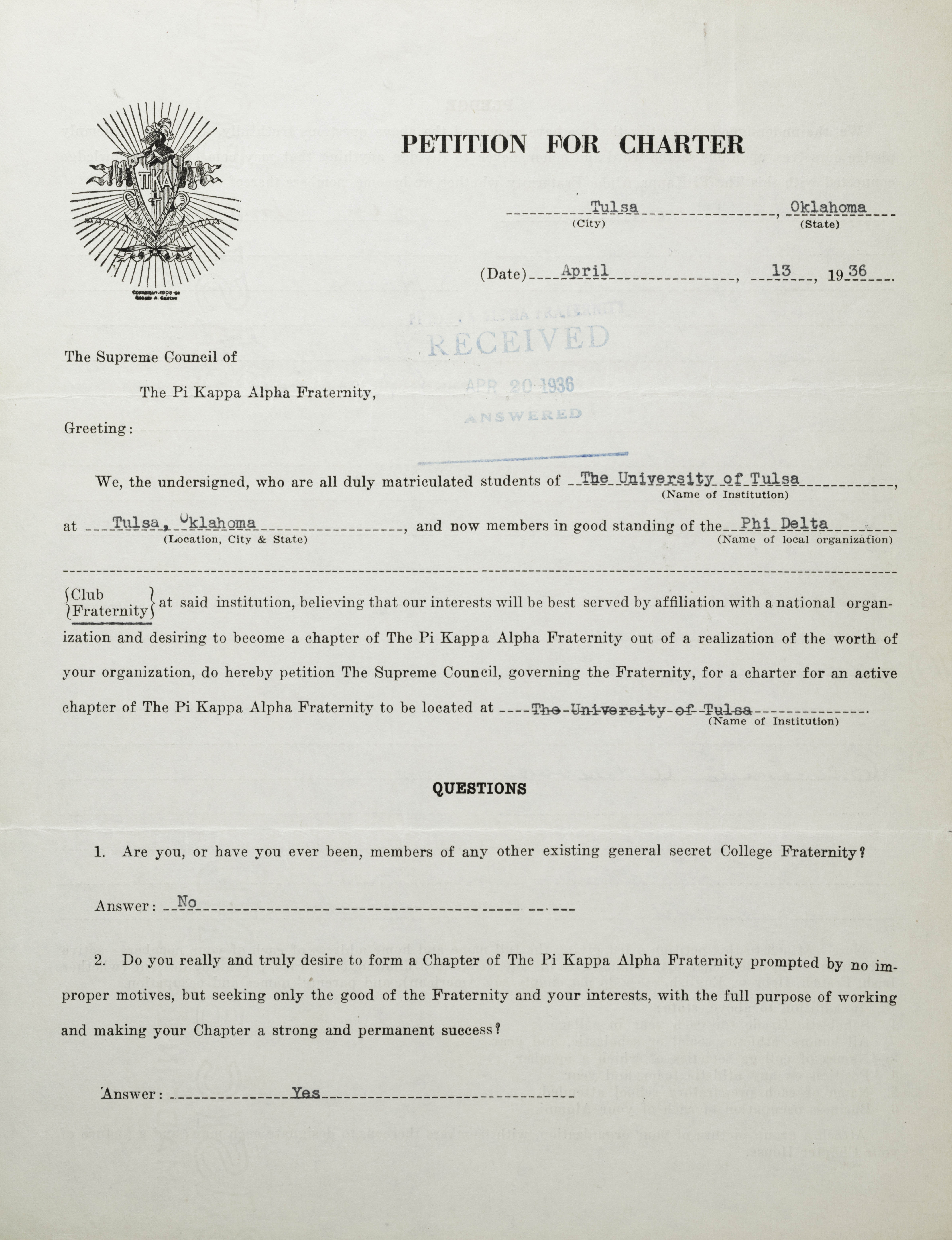 Petition for Charter, April 13, 1936