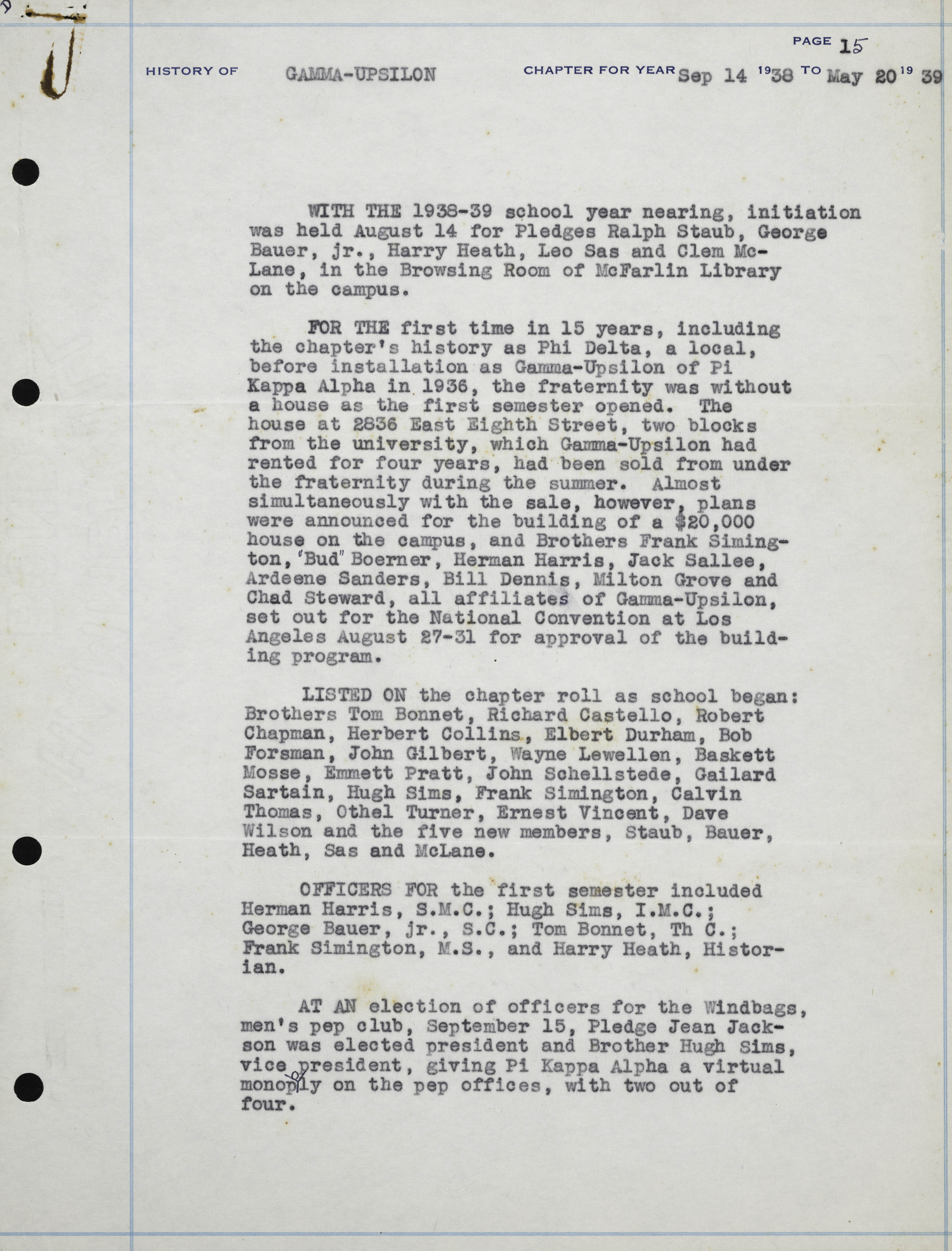 History of Gamma Upsilon Chapter, September 14, 1938-May 20, 1939