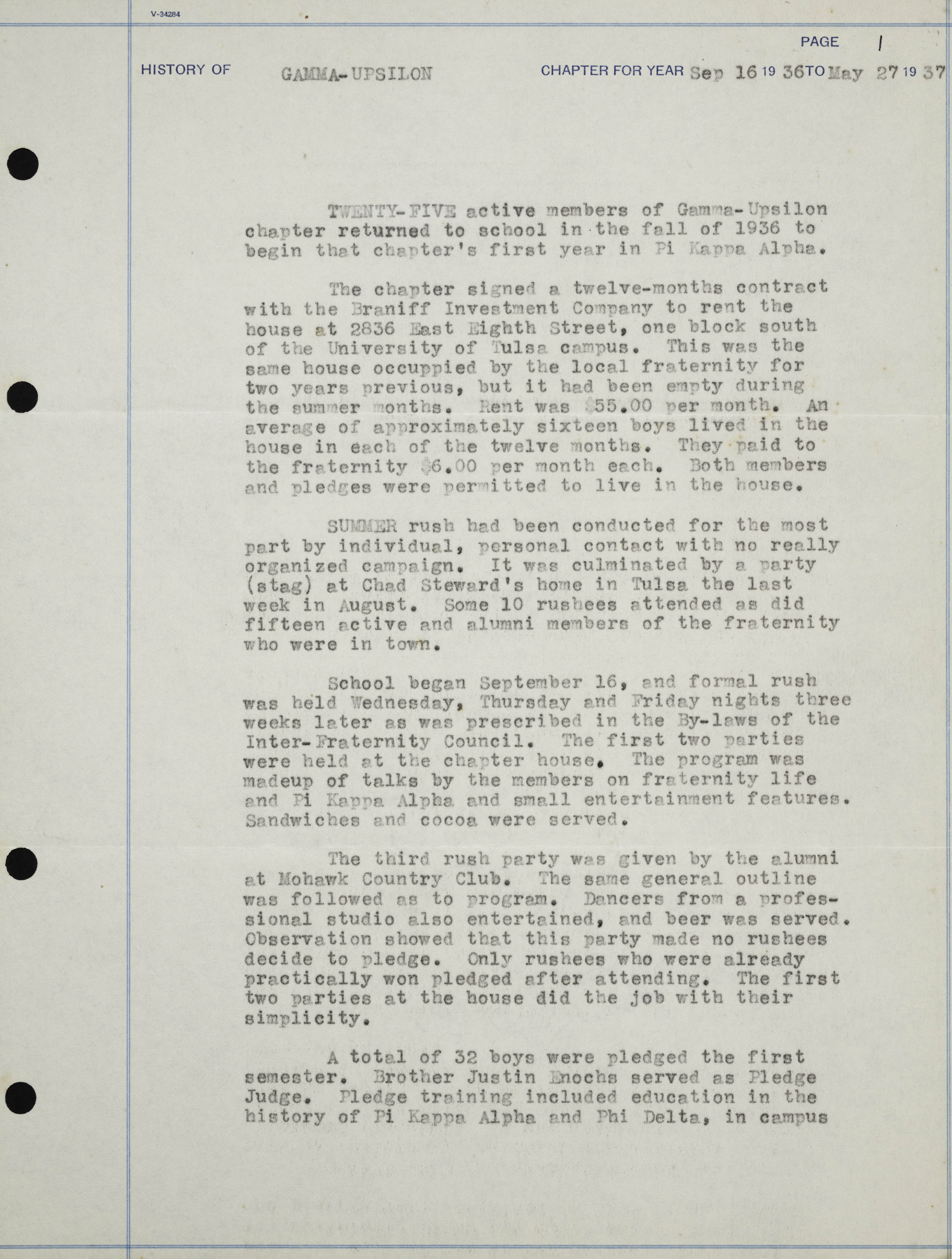 History of Gamma Upsilon Chapter, September 16, 1936-May 27, 1937