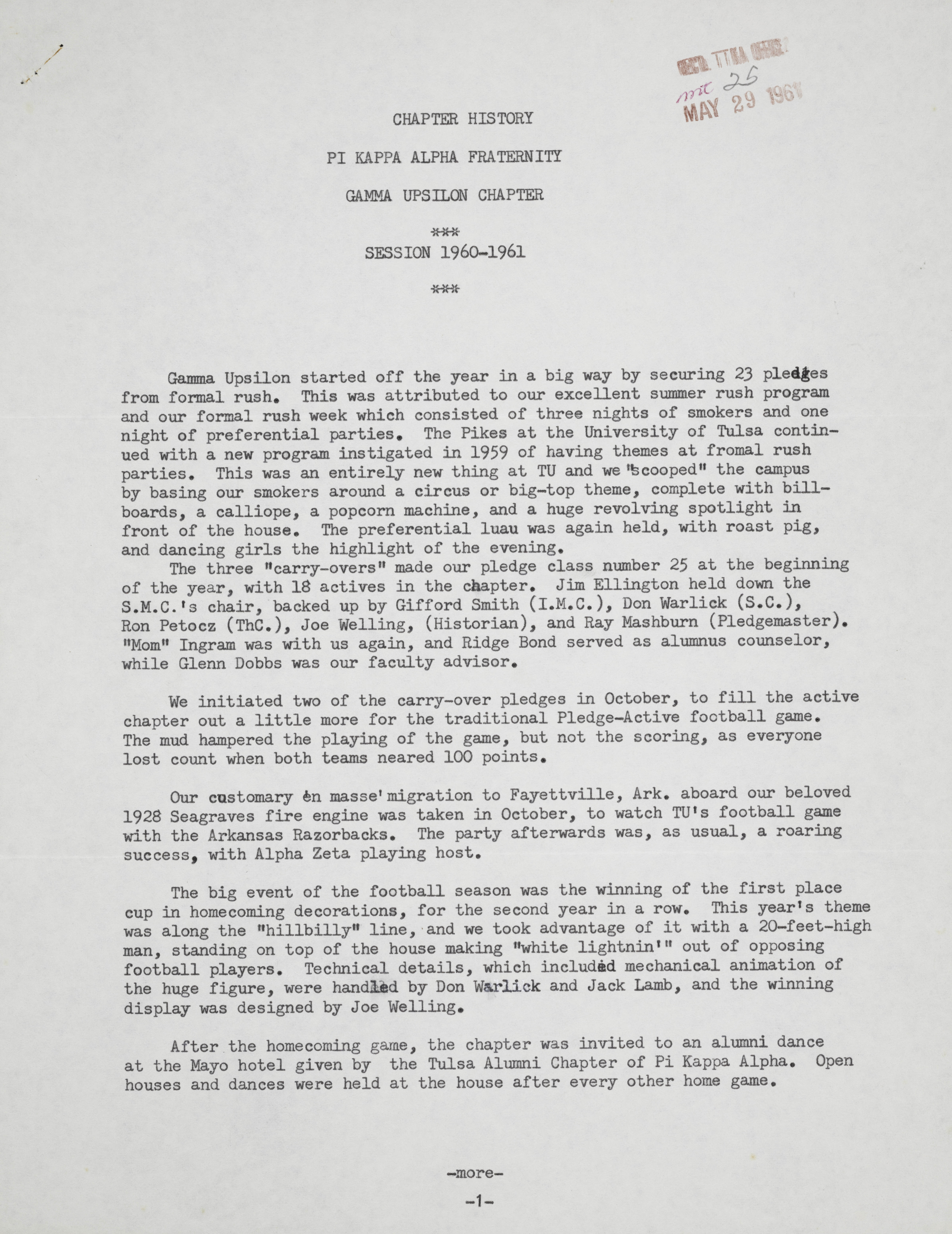 Chapter History of Pi Kappa Alpha Fraternity Gamma Upsilon Chapter, Session 1960-1961
