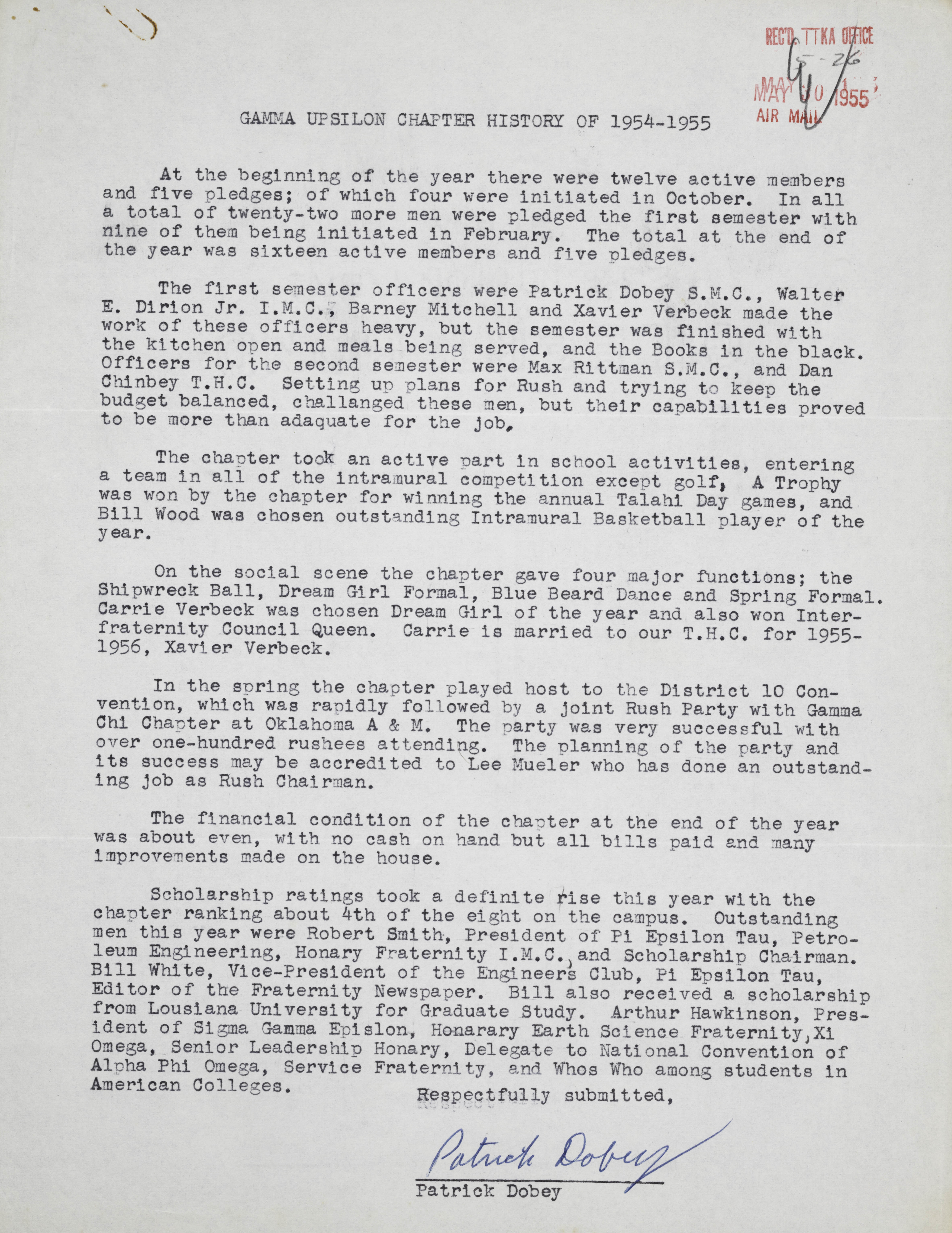 Gamma Upsilon Chapter History, 1954-1955