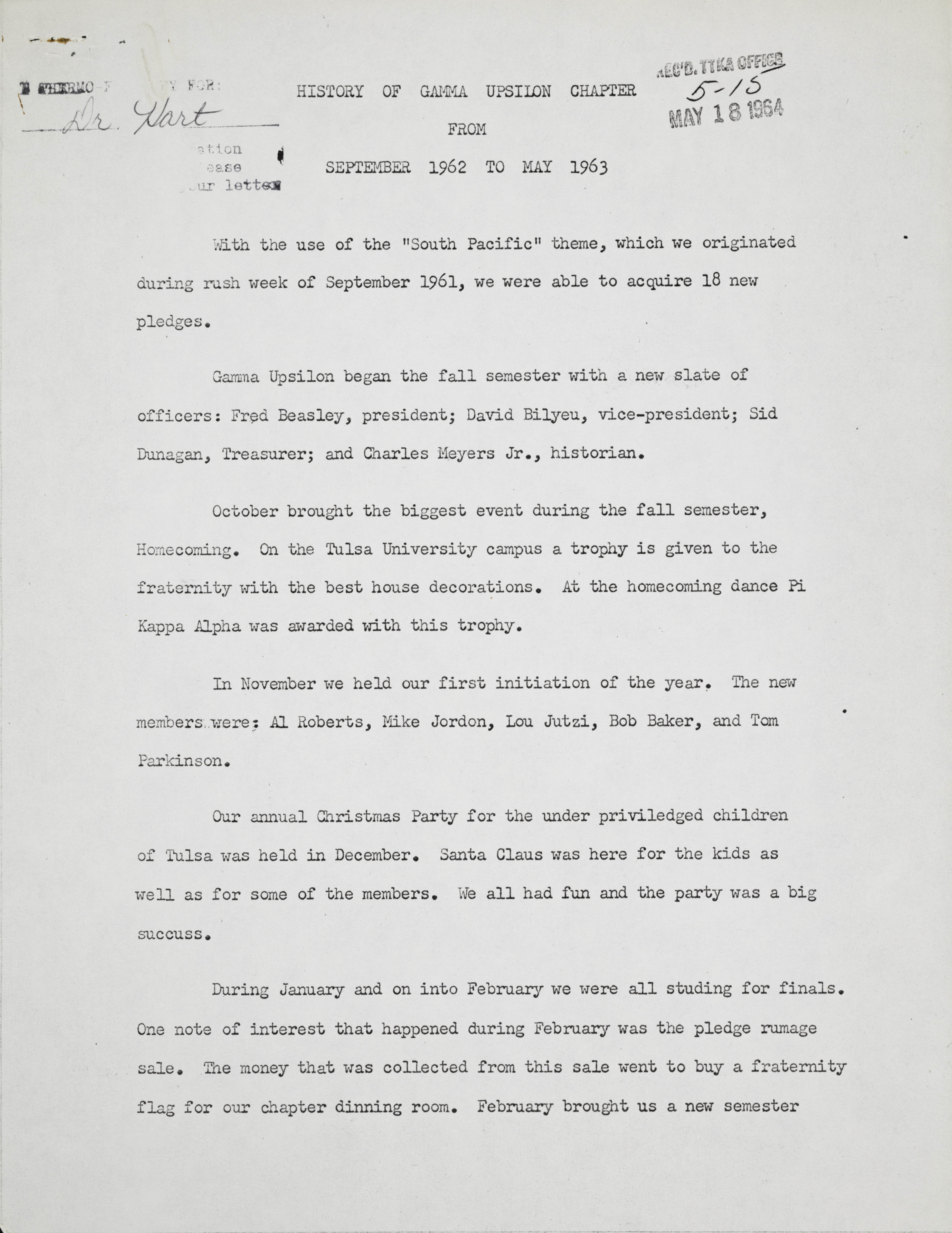 History of Gamma Upsilon Chapter, September 1962-May 1963
