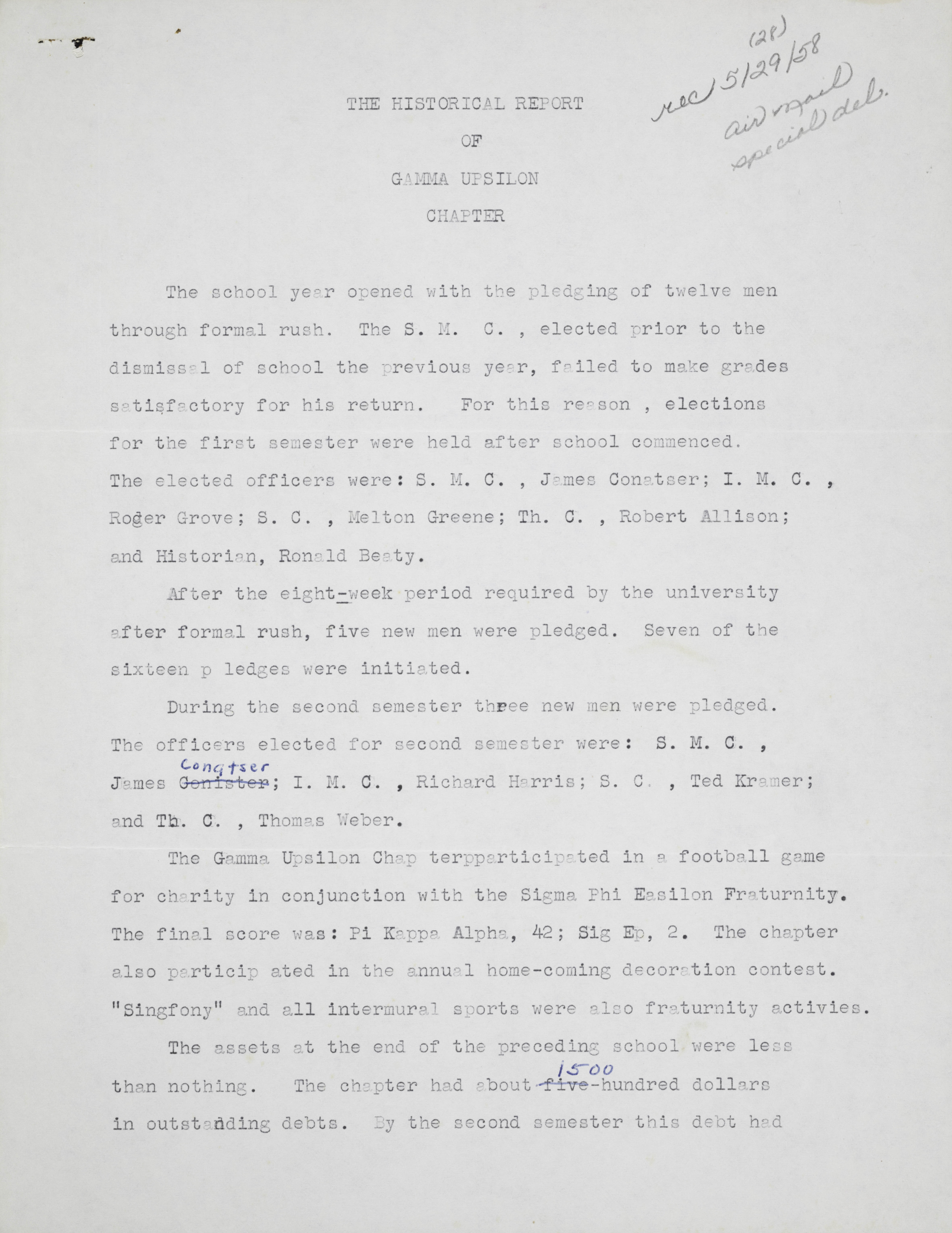 The Historical Report of Gamma Upsilon Chapter, c. 1958
