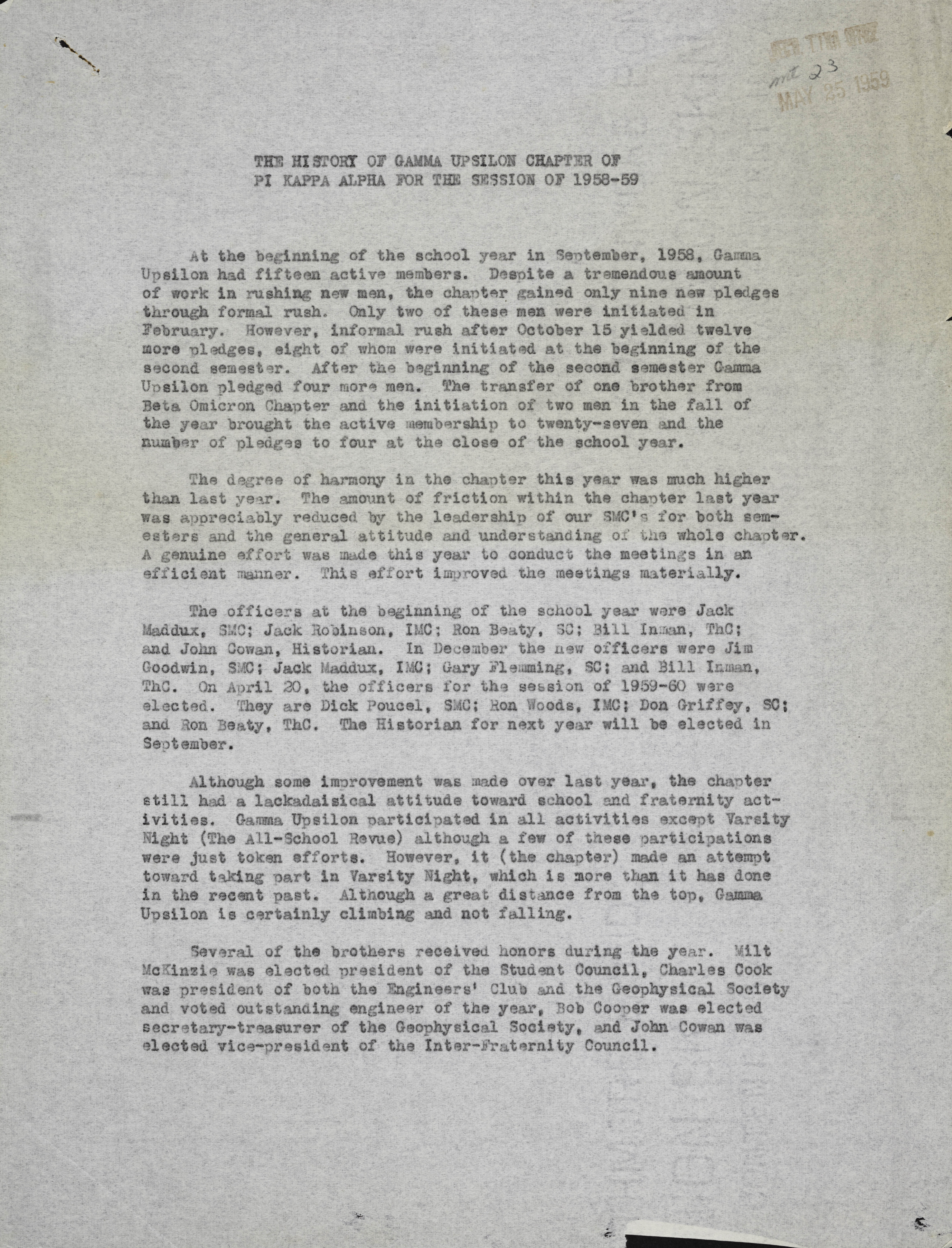 The History of Gamma Upsilon Chapter, 1958-1959