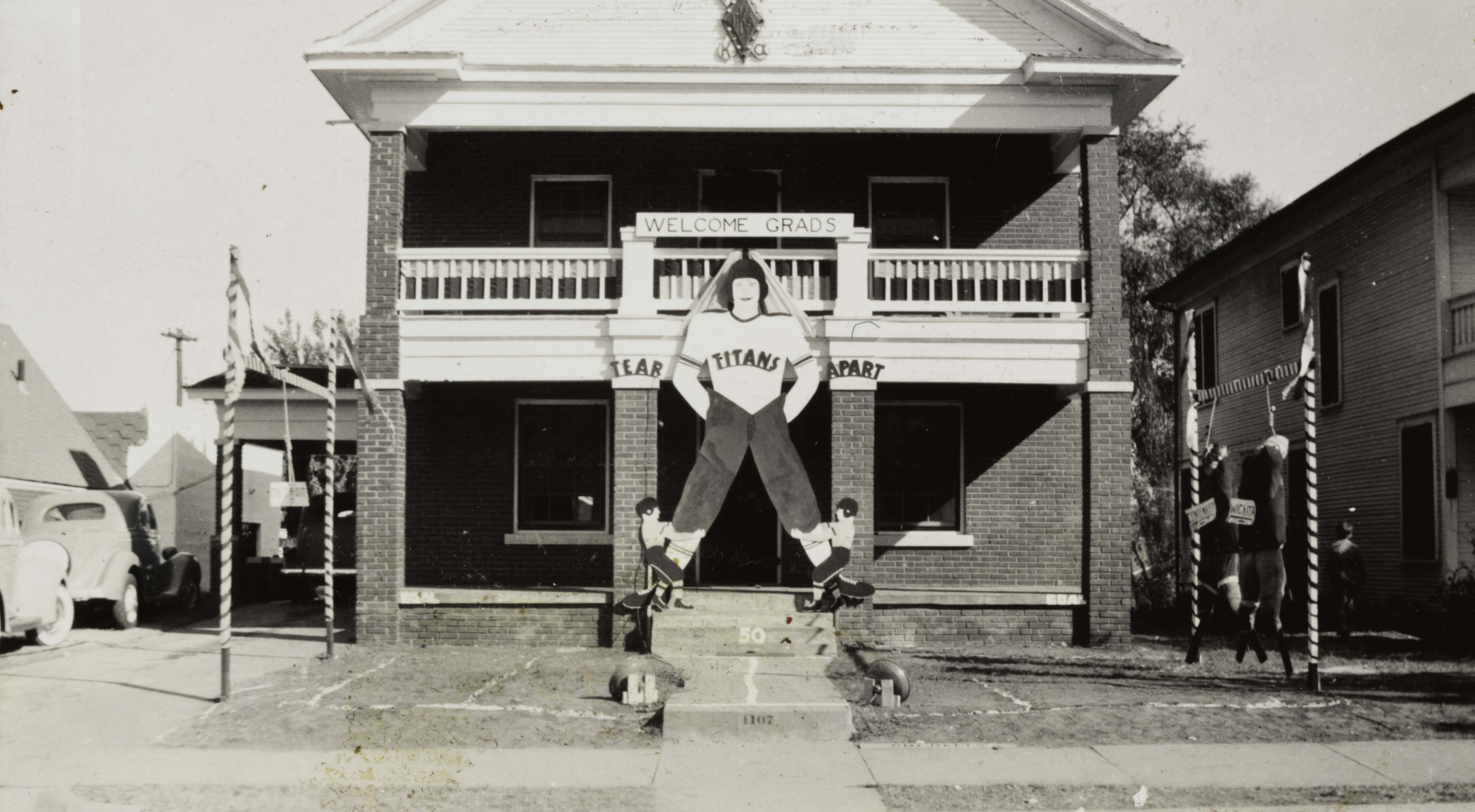 Gamma Upsilon Chapter House with Homecoming Decorations Photograph, October 28, 1939