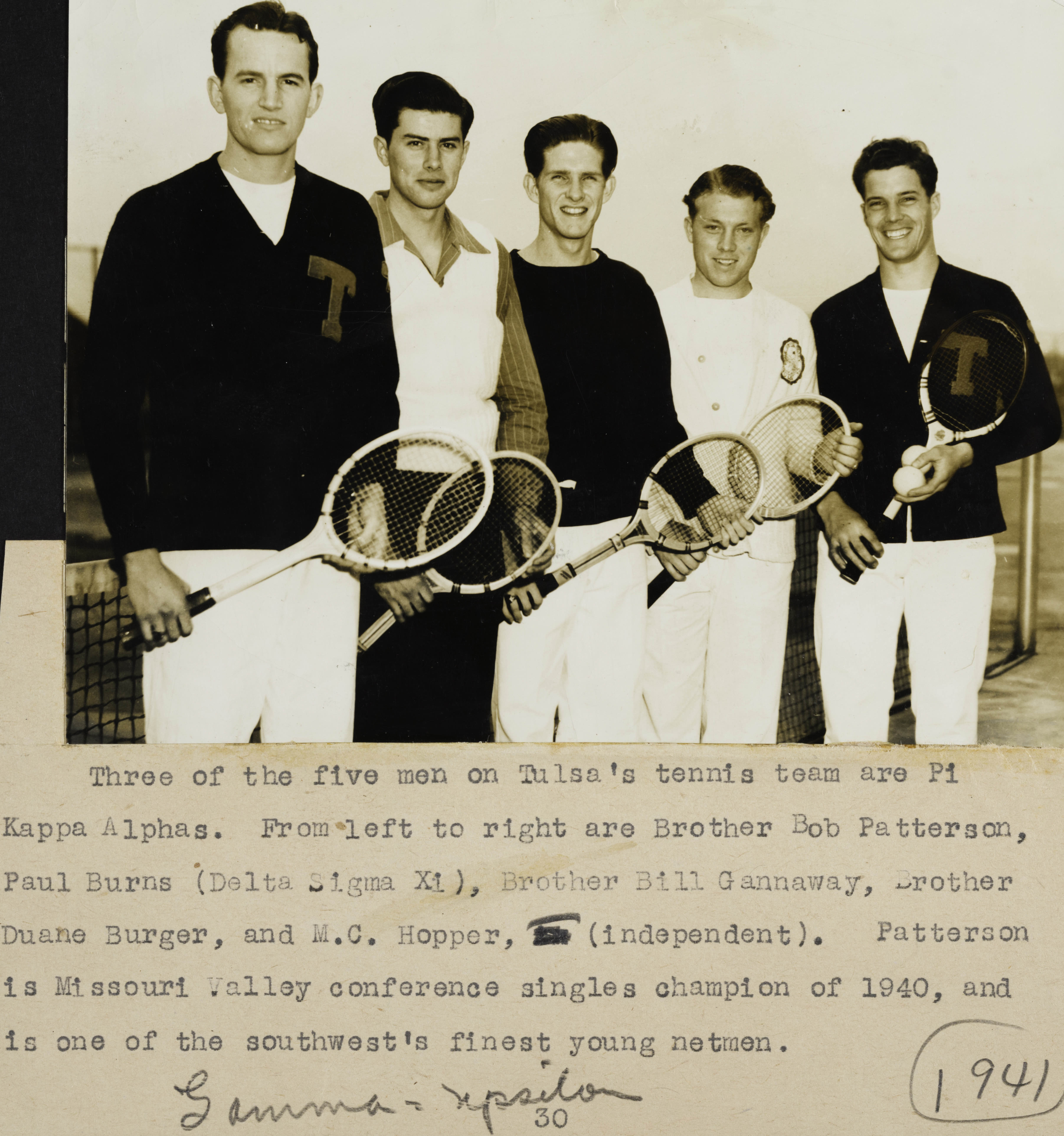 University of Tulsa Tennis Team Group Photograph, 1940