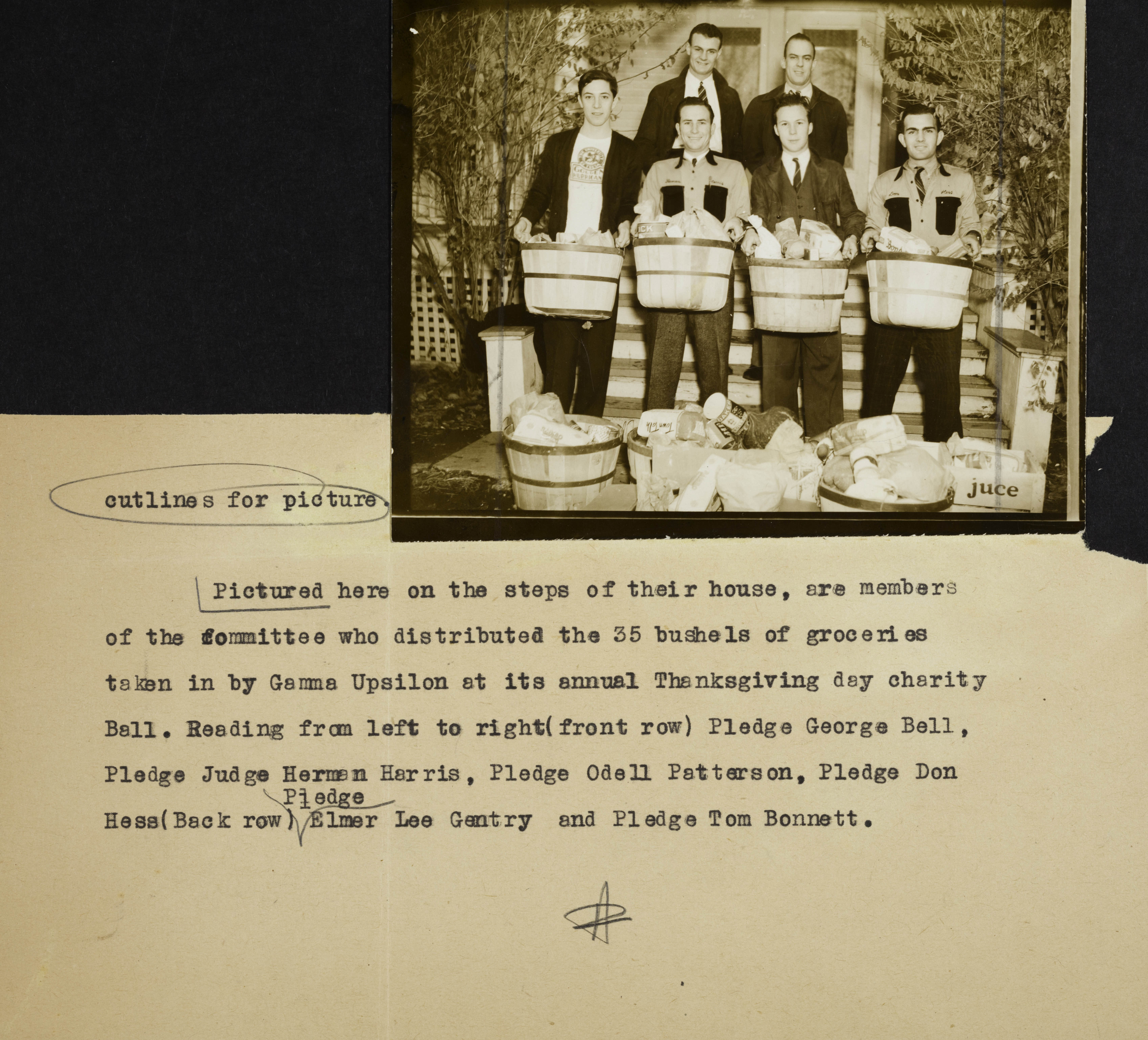 Group of Six Gamma Upsilon Chapter Members Holding Baskets of Groceries Photograph, 1938