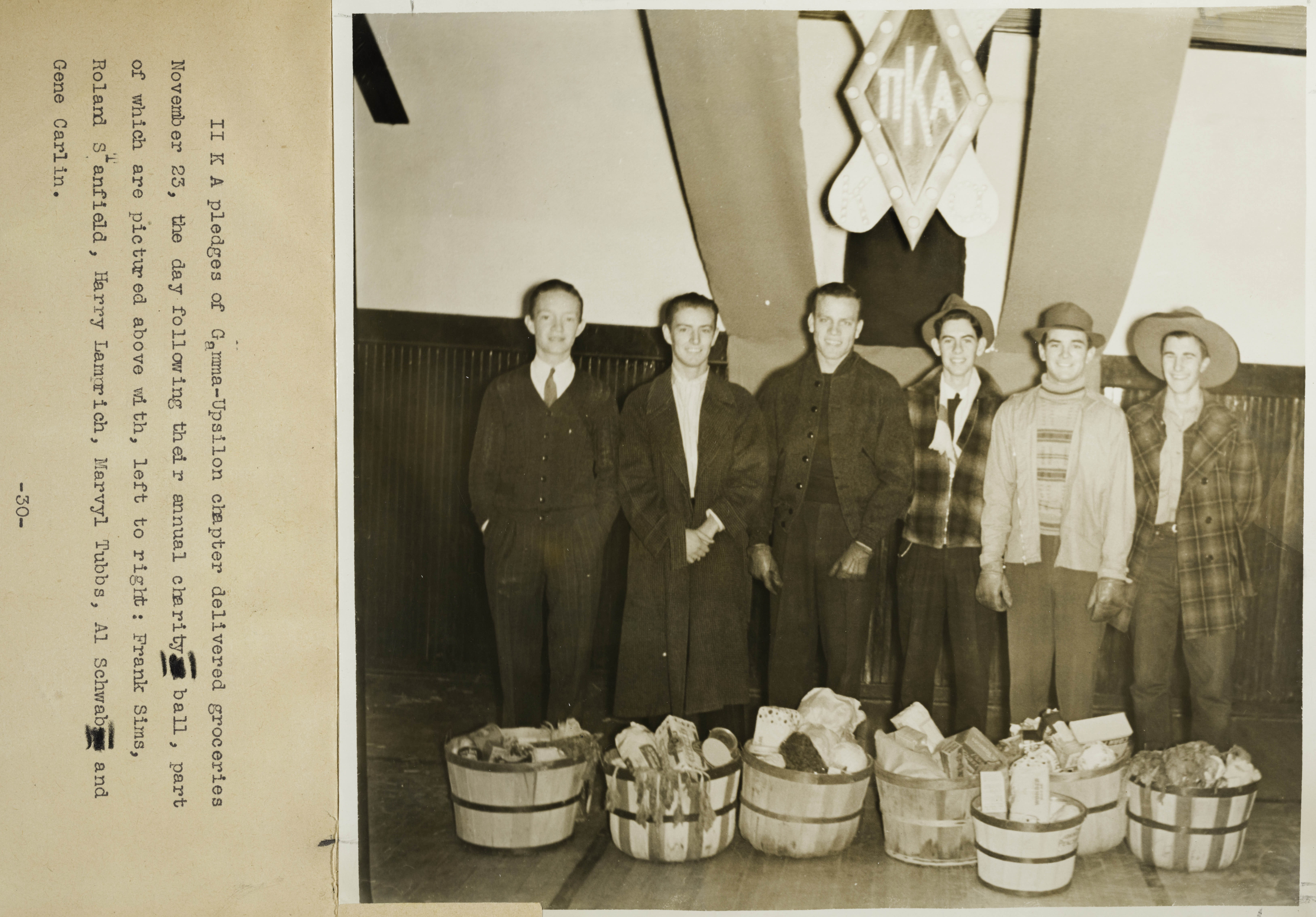 Group of Six Gamma Upsilon Chapter Members With Baskets of Groceries Photograph, 1938