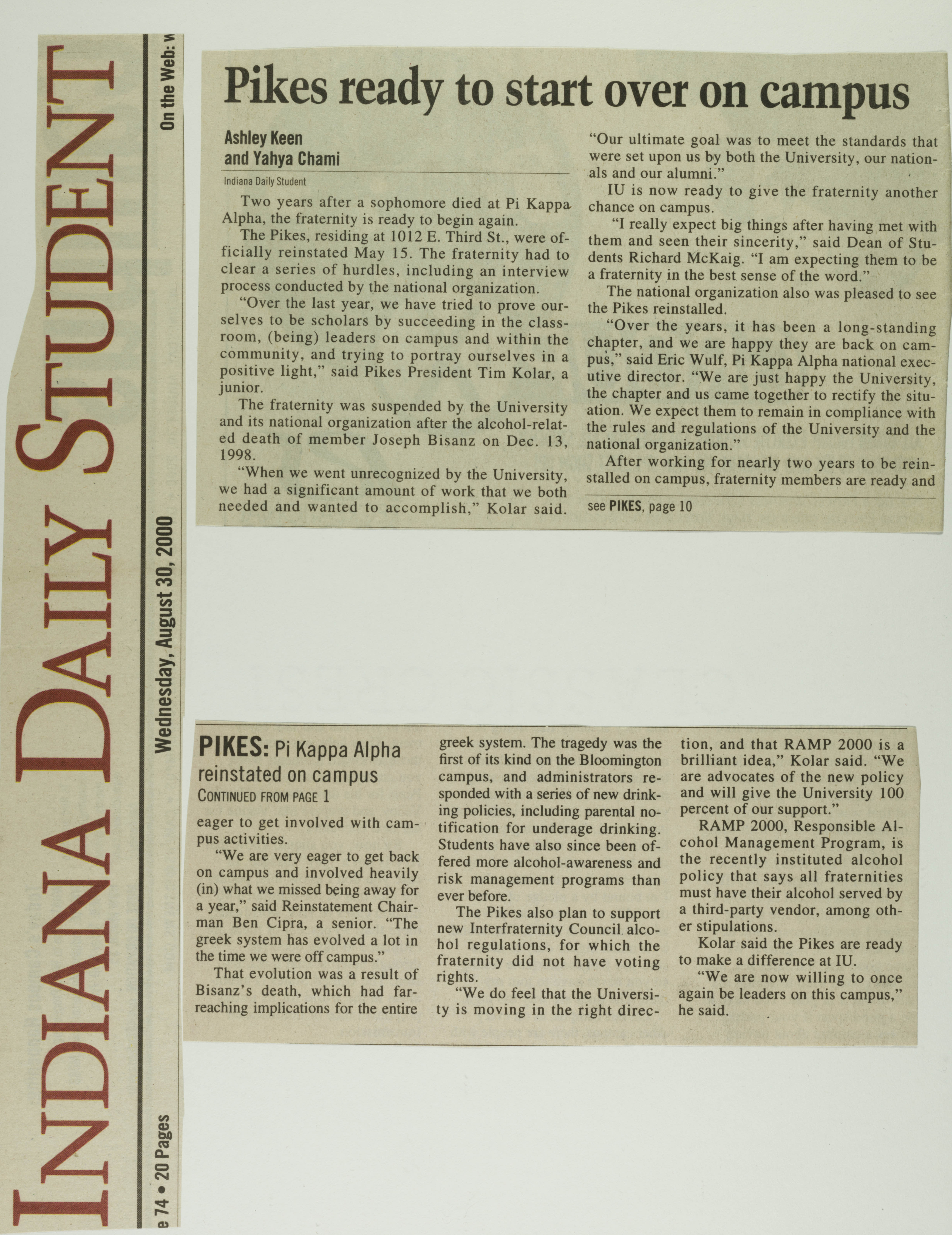 Pikes Ready to Start Over on Campus Newspaper Clipping, August 30, 2000