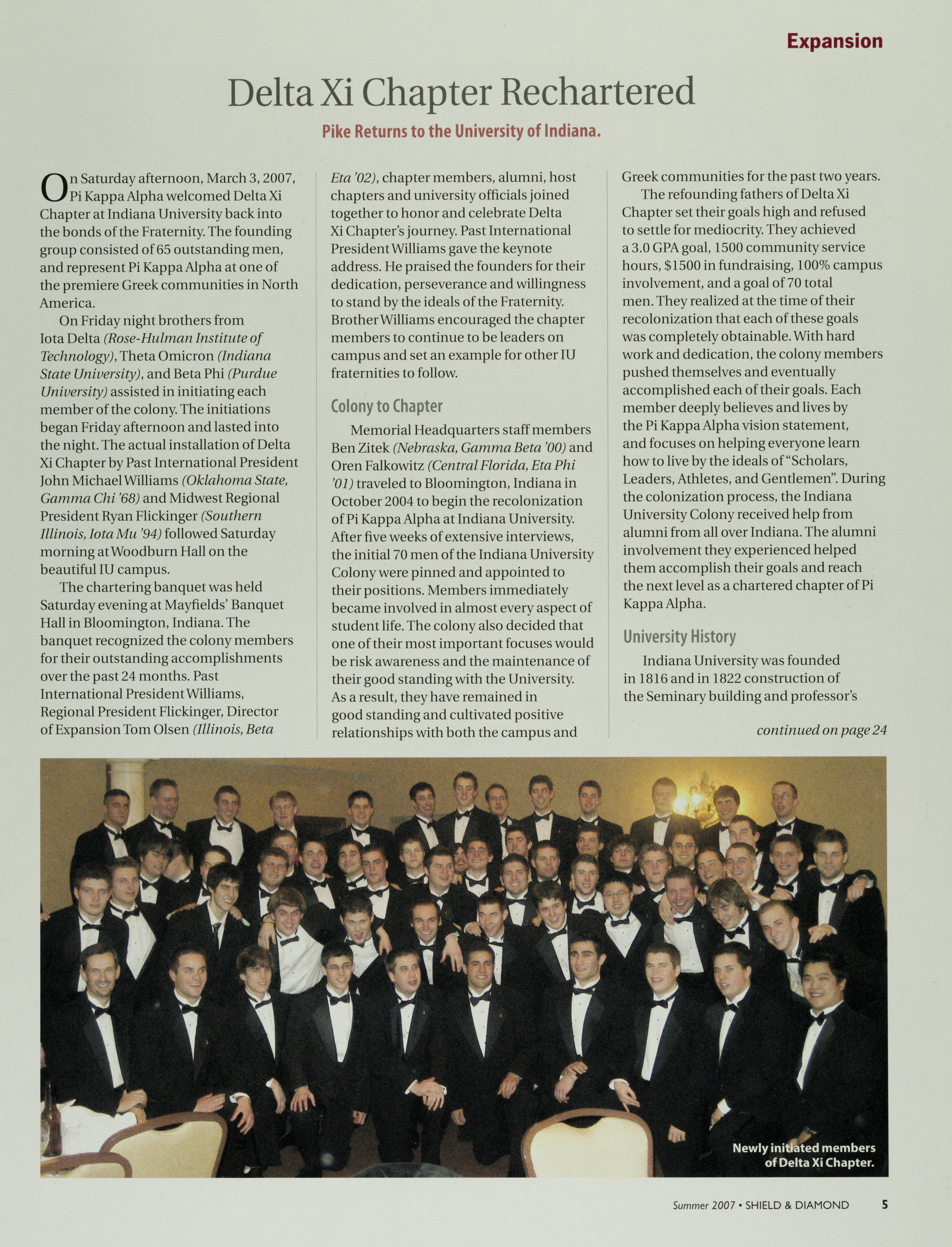 Delta Xi Rechartered: Pike Returns to the University of Indiana Magazine Clipping, Summer 2007
