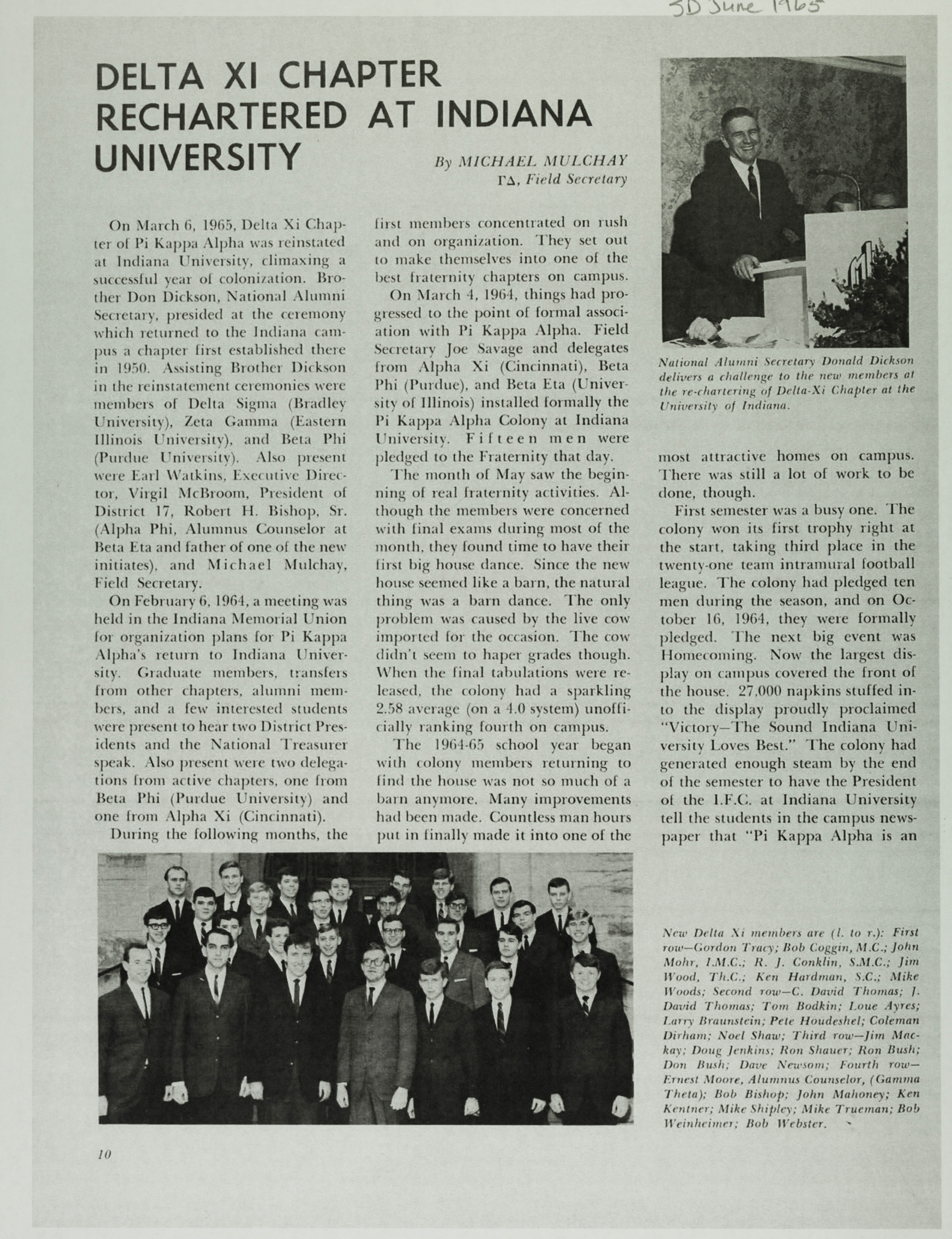 Delta Xi Chapter Rechartered at Indiana University, 1965