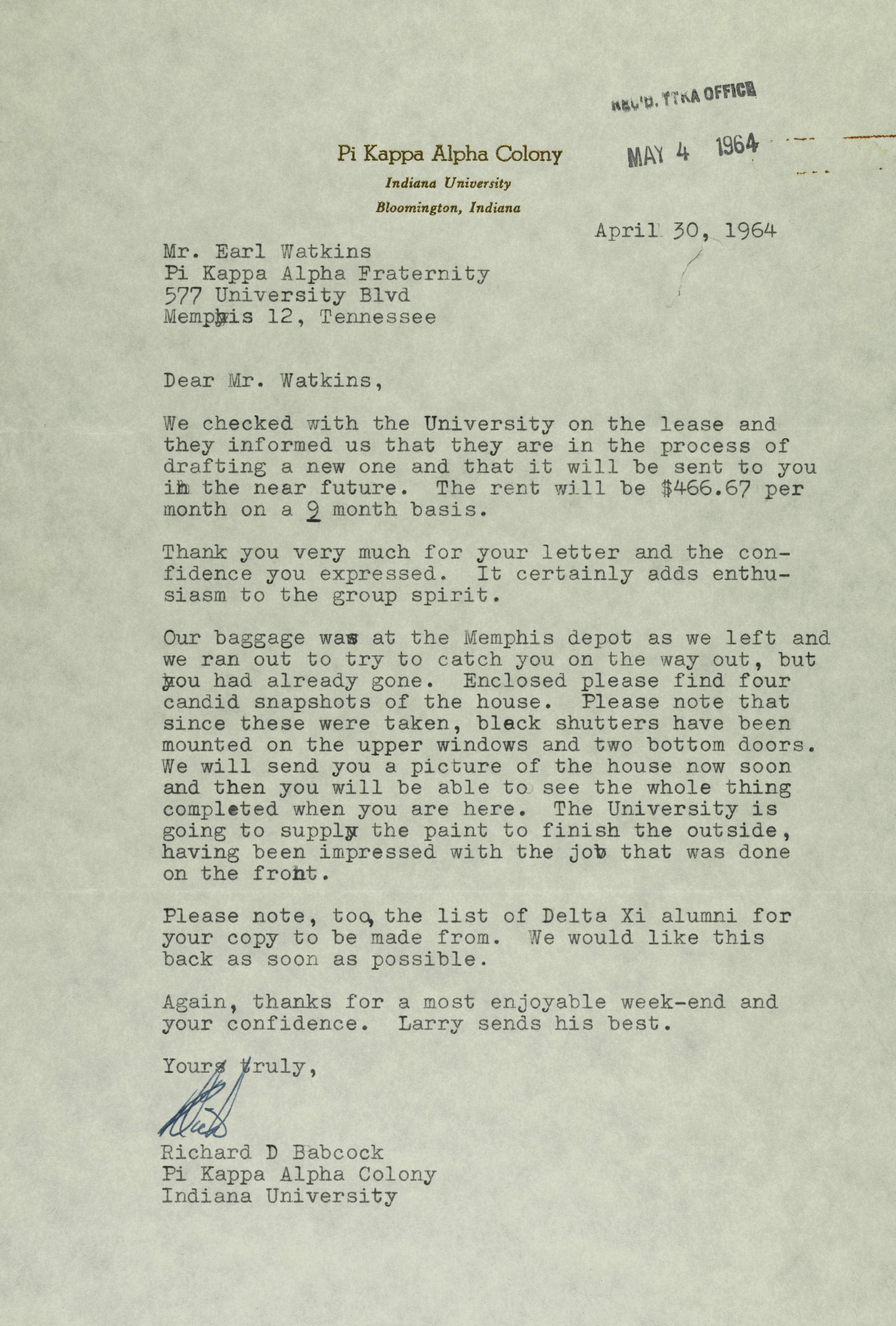 Richard Babcock to Earl Watkins Letter, April 30, 1964