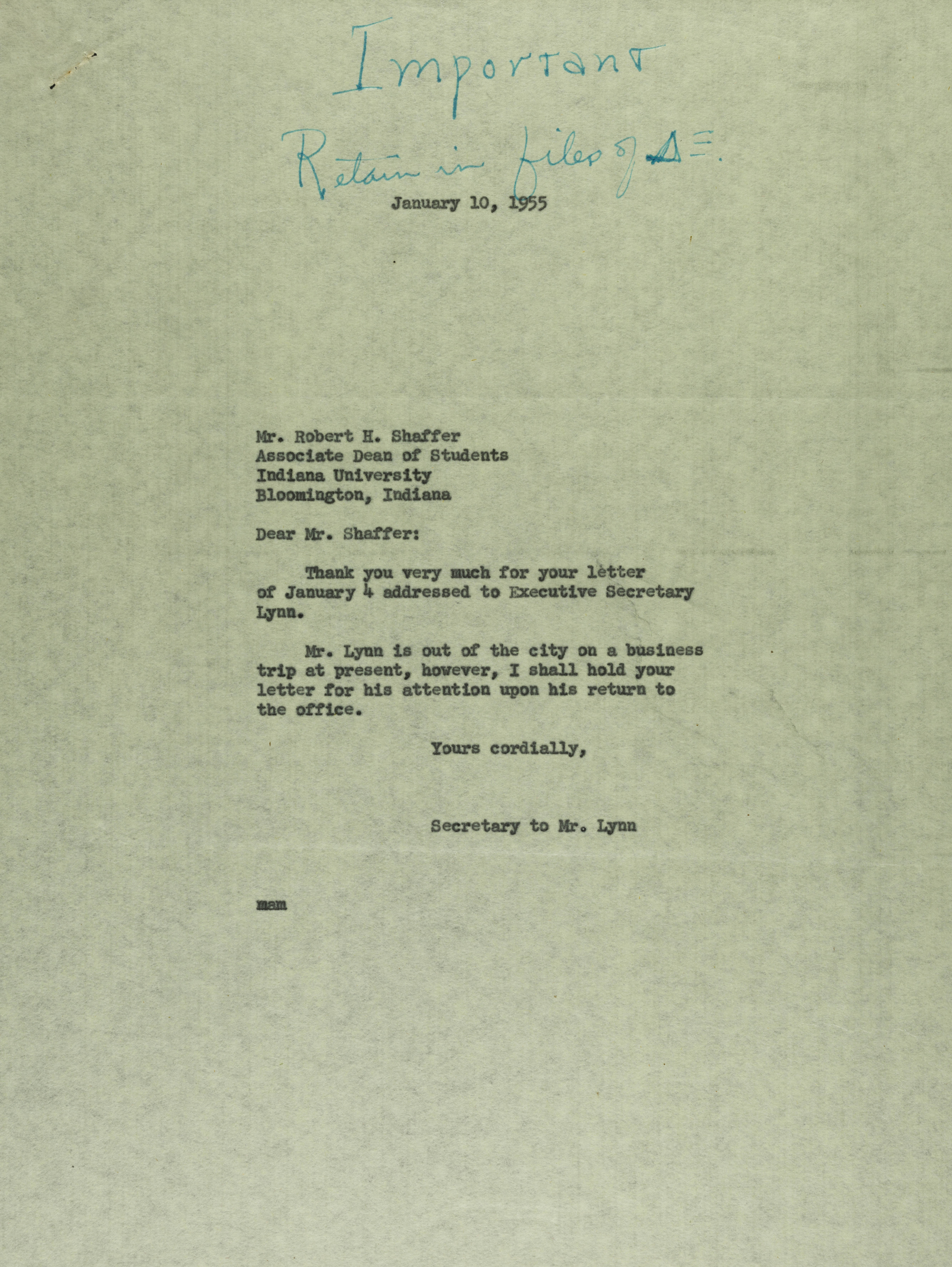 Secretary to Mr. Lynn to Robert Shaffer Letter, January 10, 1955