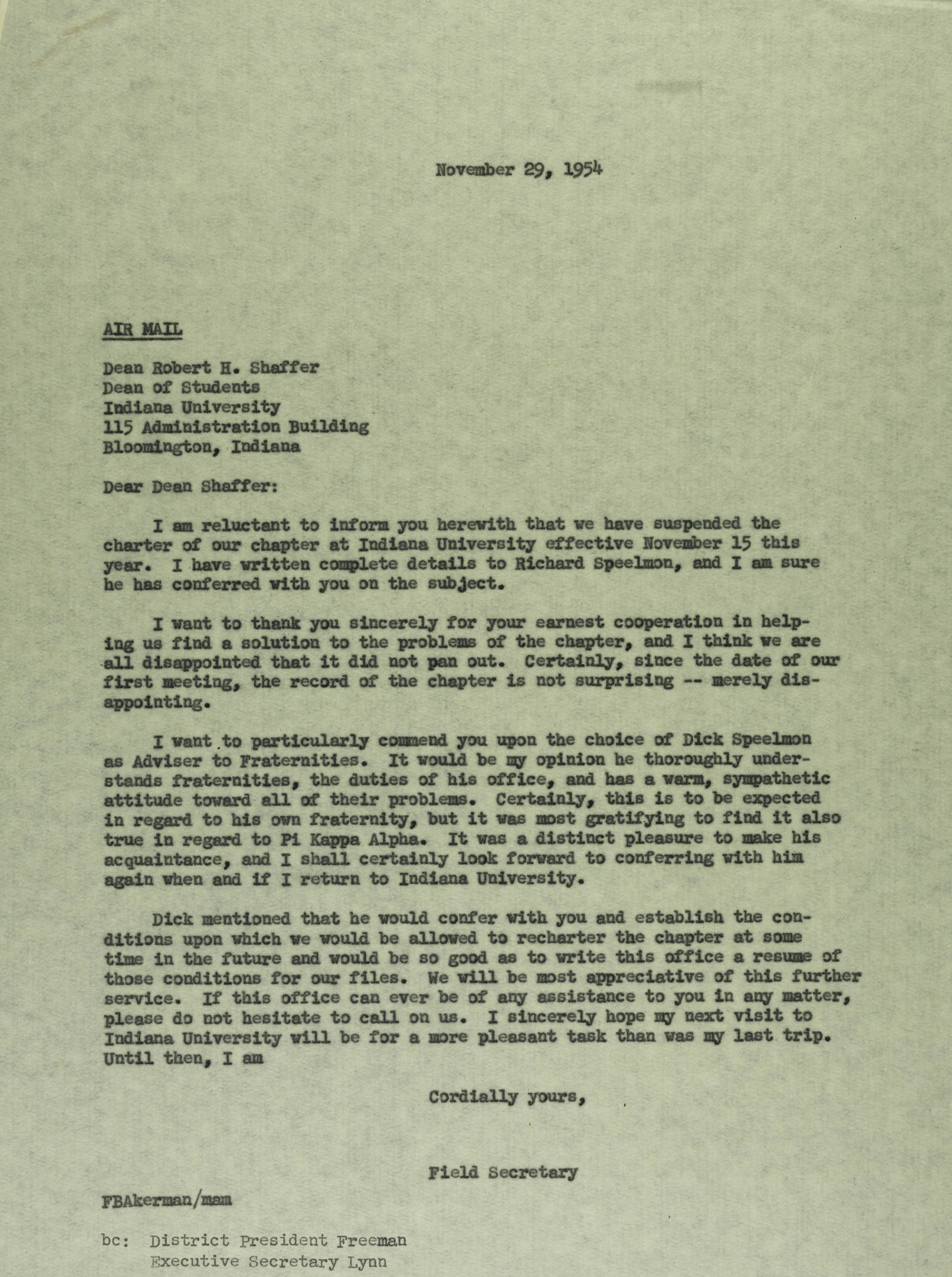 Robert Lynn to Robert Shaffer Letter, November 29, 1954