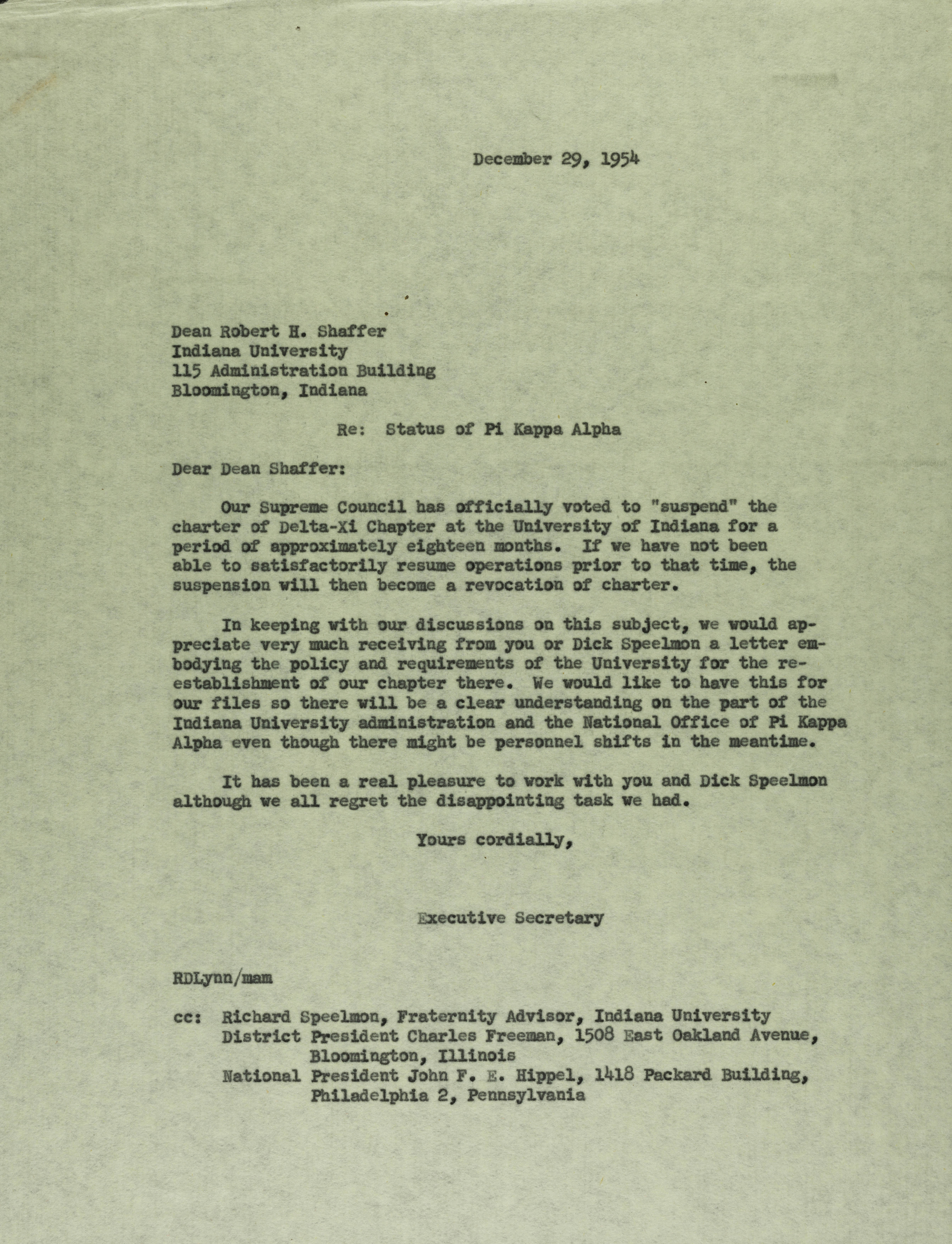 Robert Lynn to Robert Shaffer Letter, December 29, 1954