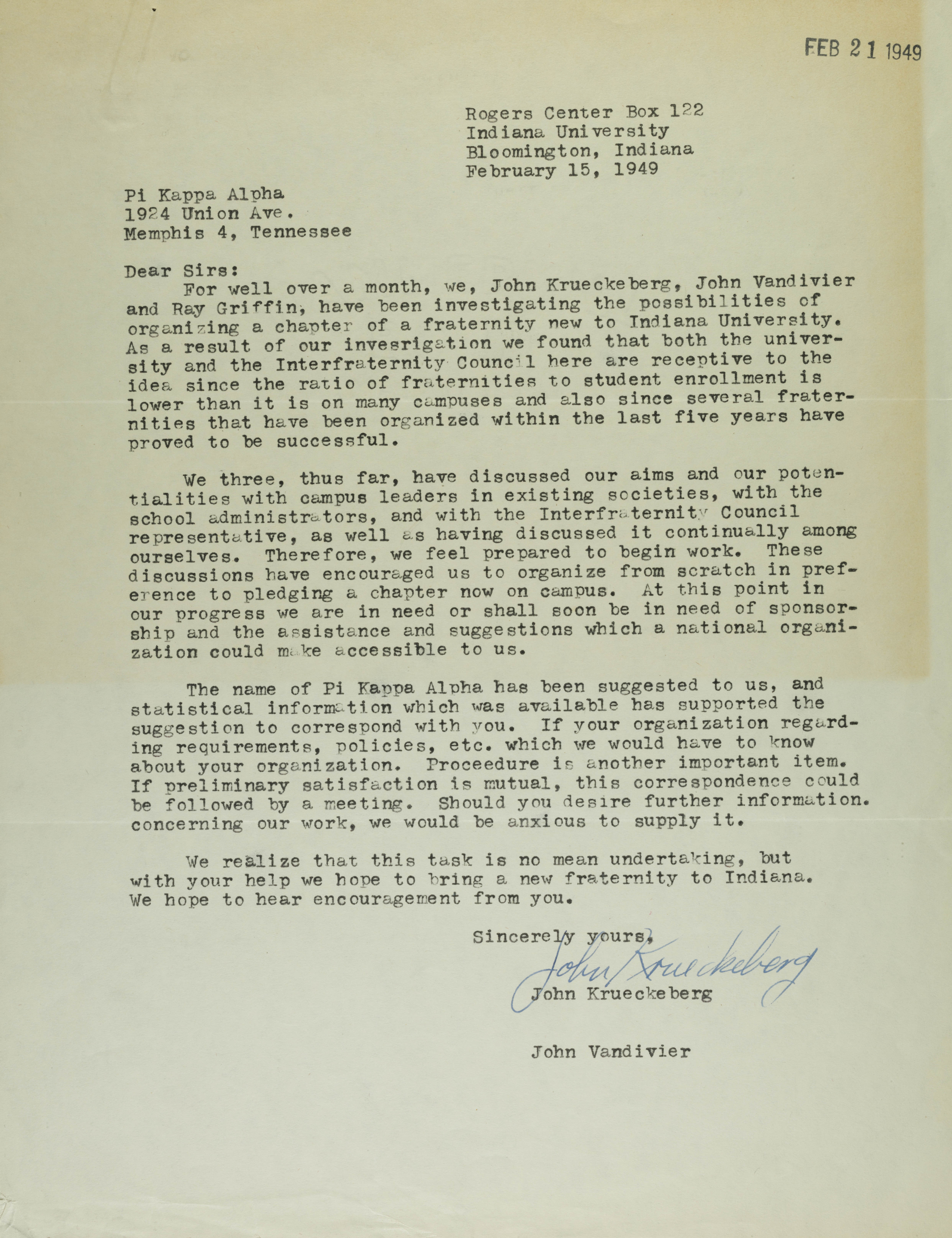 John Krueckeberg to Pi Kappa Alpha Fraternity Letter, February 15, 1949