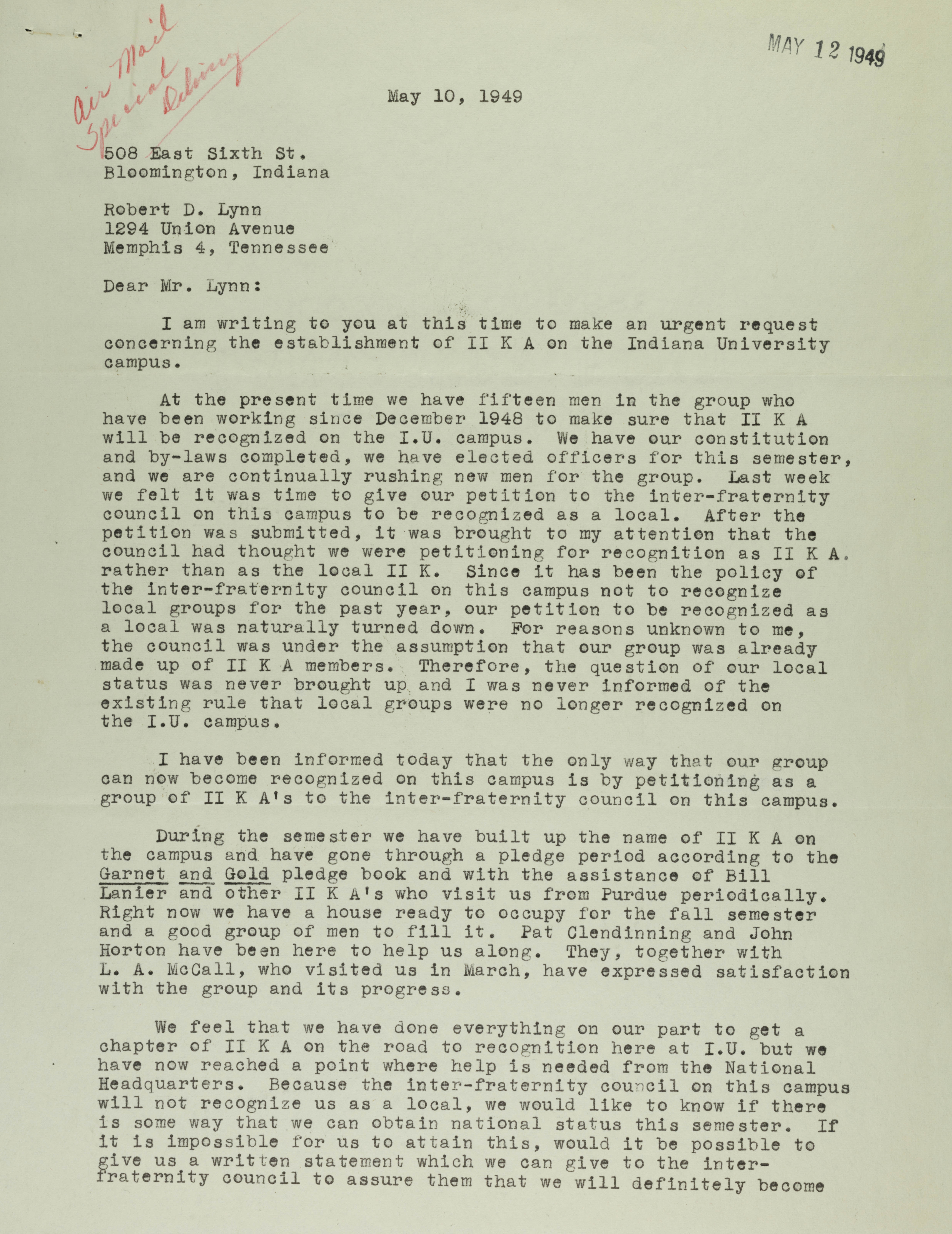 Lewis Riley to Robert Lynn Letter, May 10, 1949