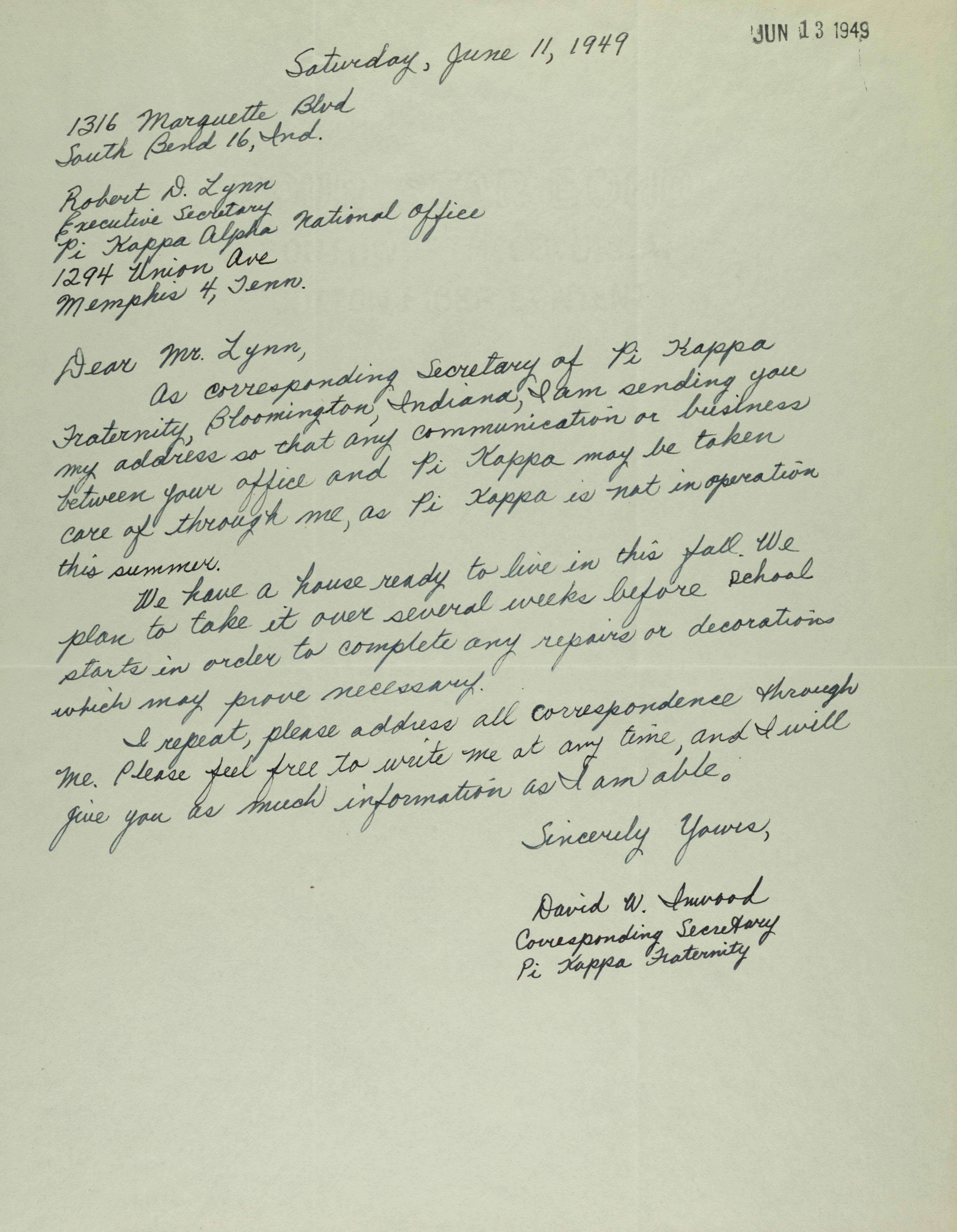 David Inwood to Robert Lynn Letter, June 11, 1949