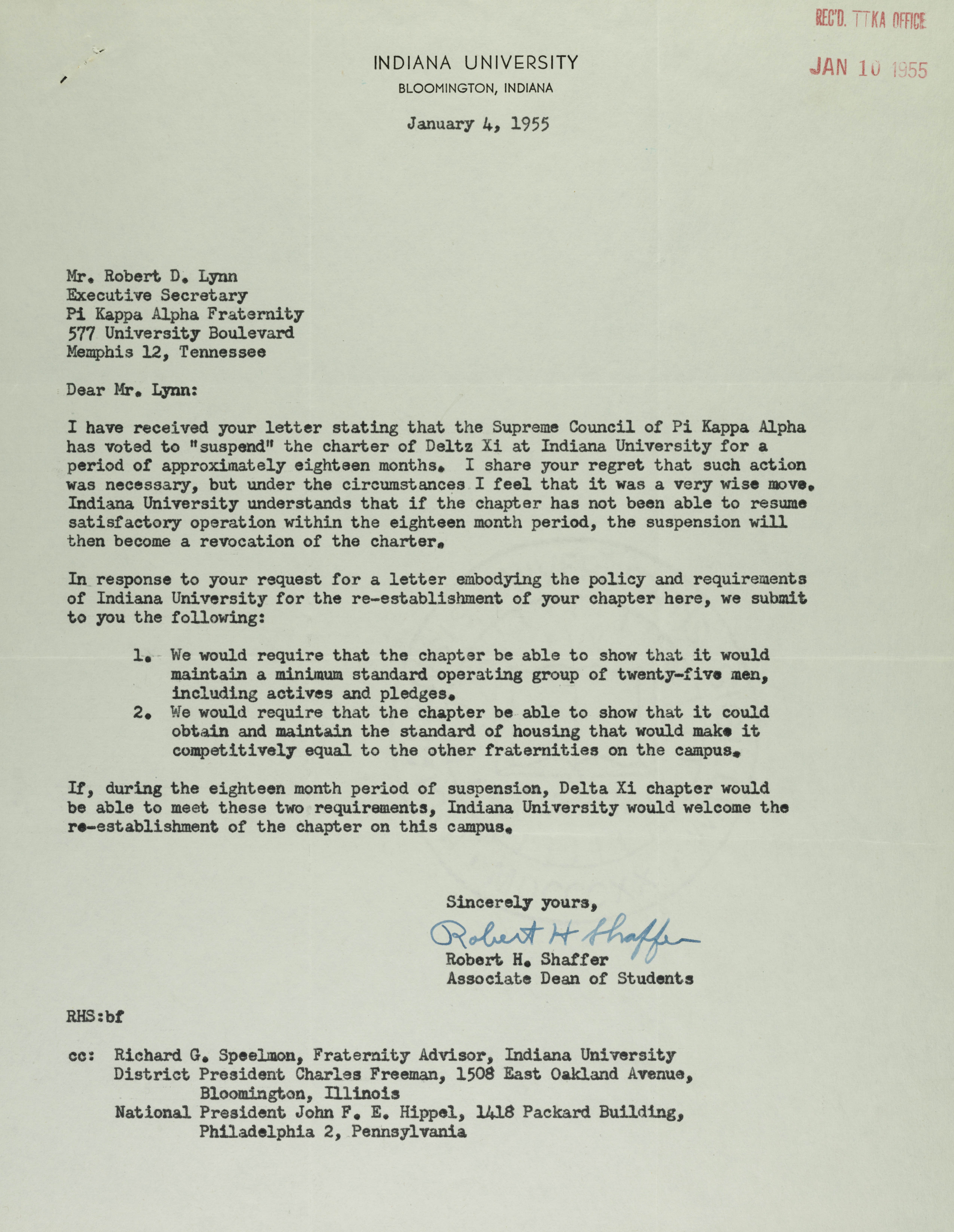 Robert Shaffer to Robert Lynn Letter, January 4, 1955