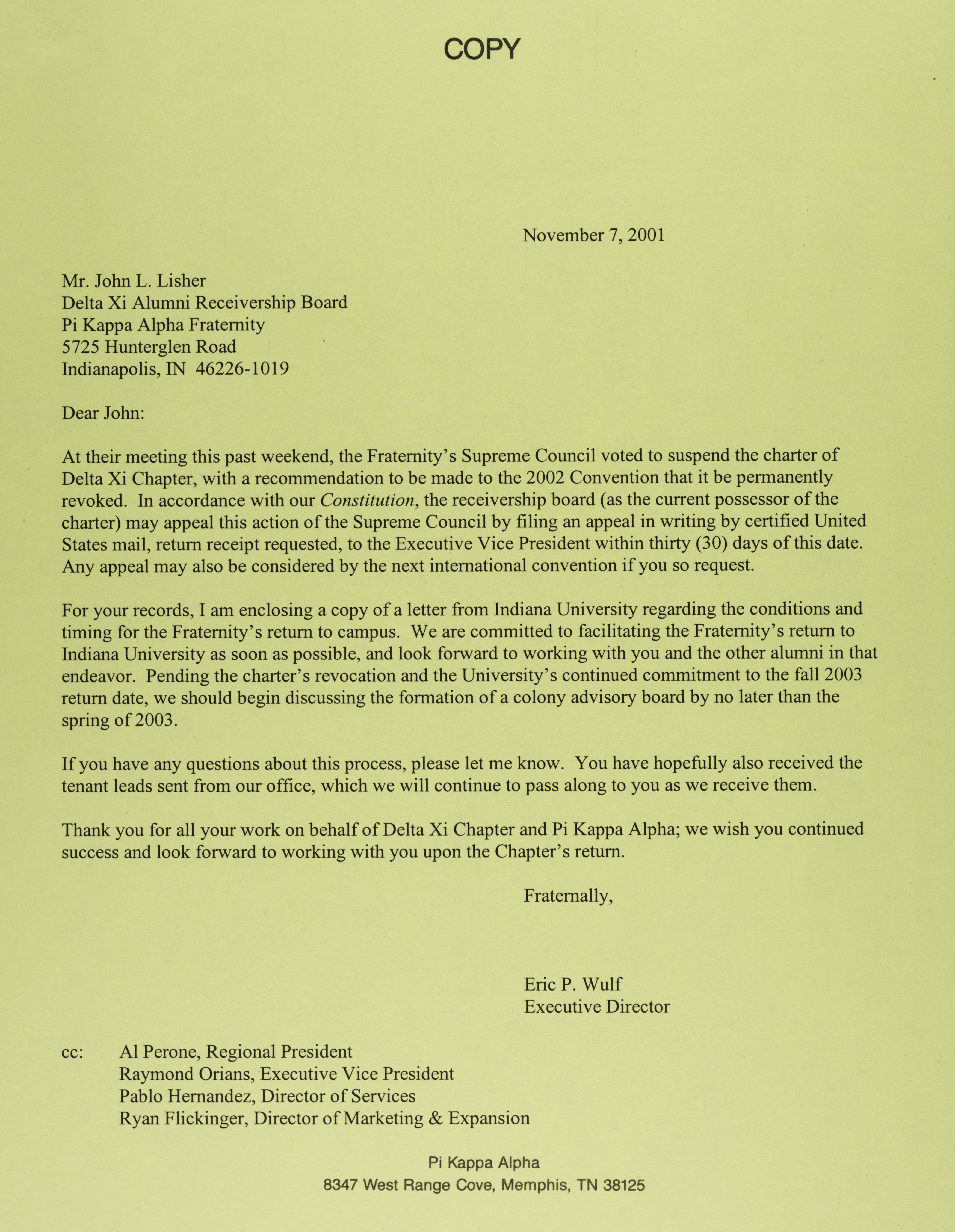 Eric Wulf to John Lisher Letter, November 7, 2001