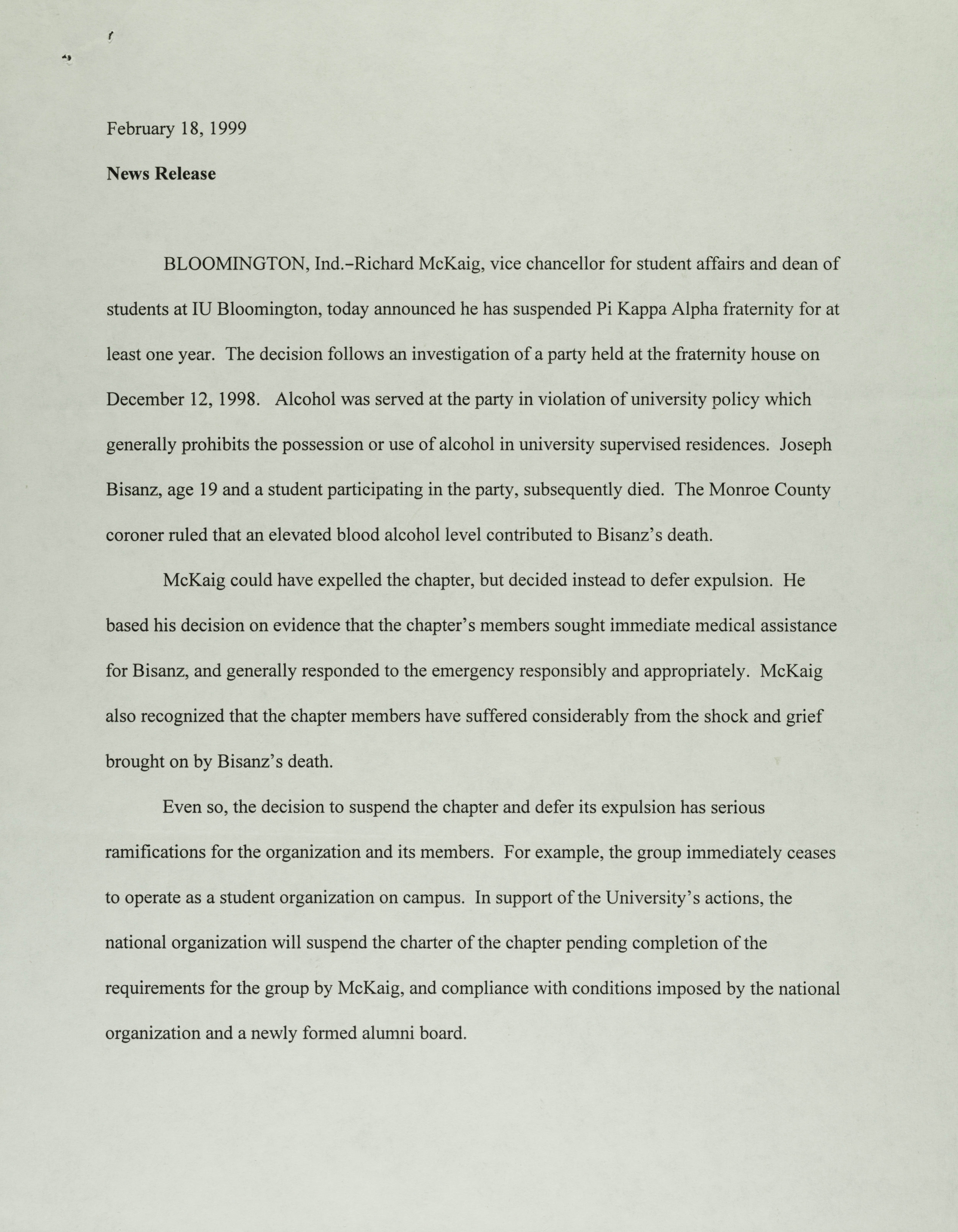 News Release, February 18, 1999