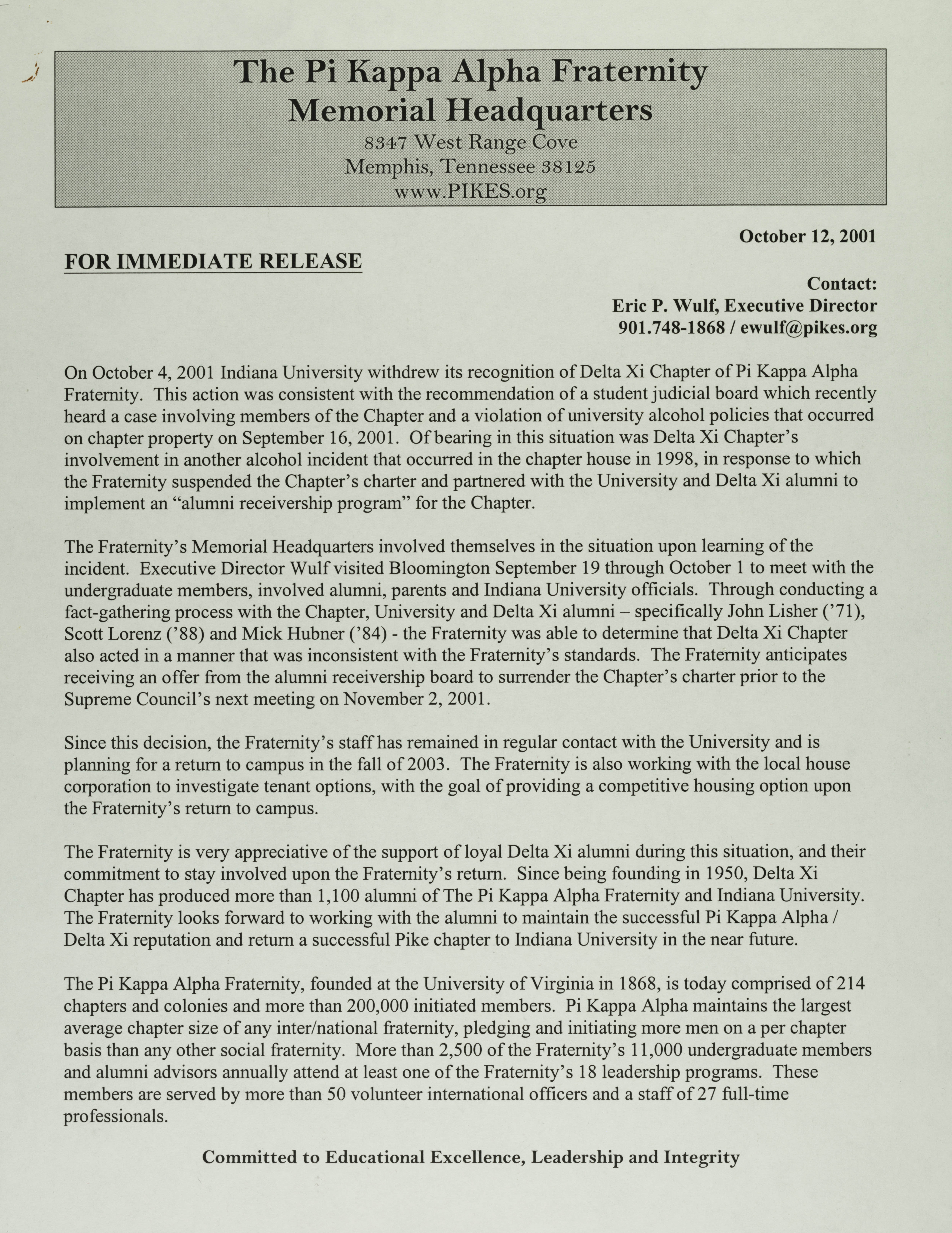 For Immediate Release, October 12, 2001