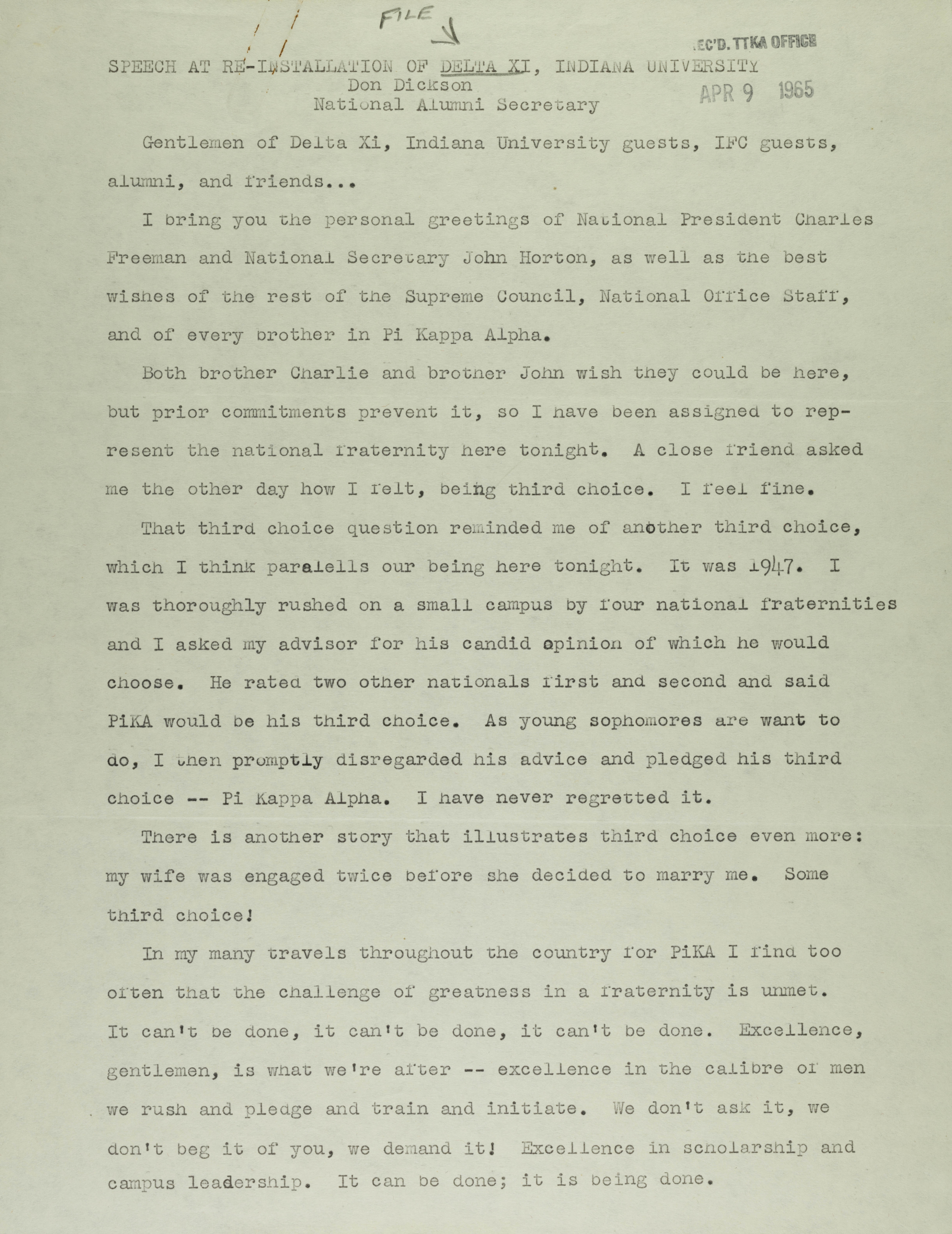 Speech at Re-Installation of Delta Xi, Indiana University, April 9, 1965