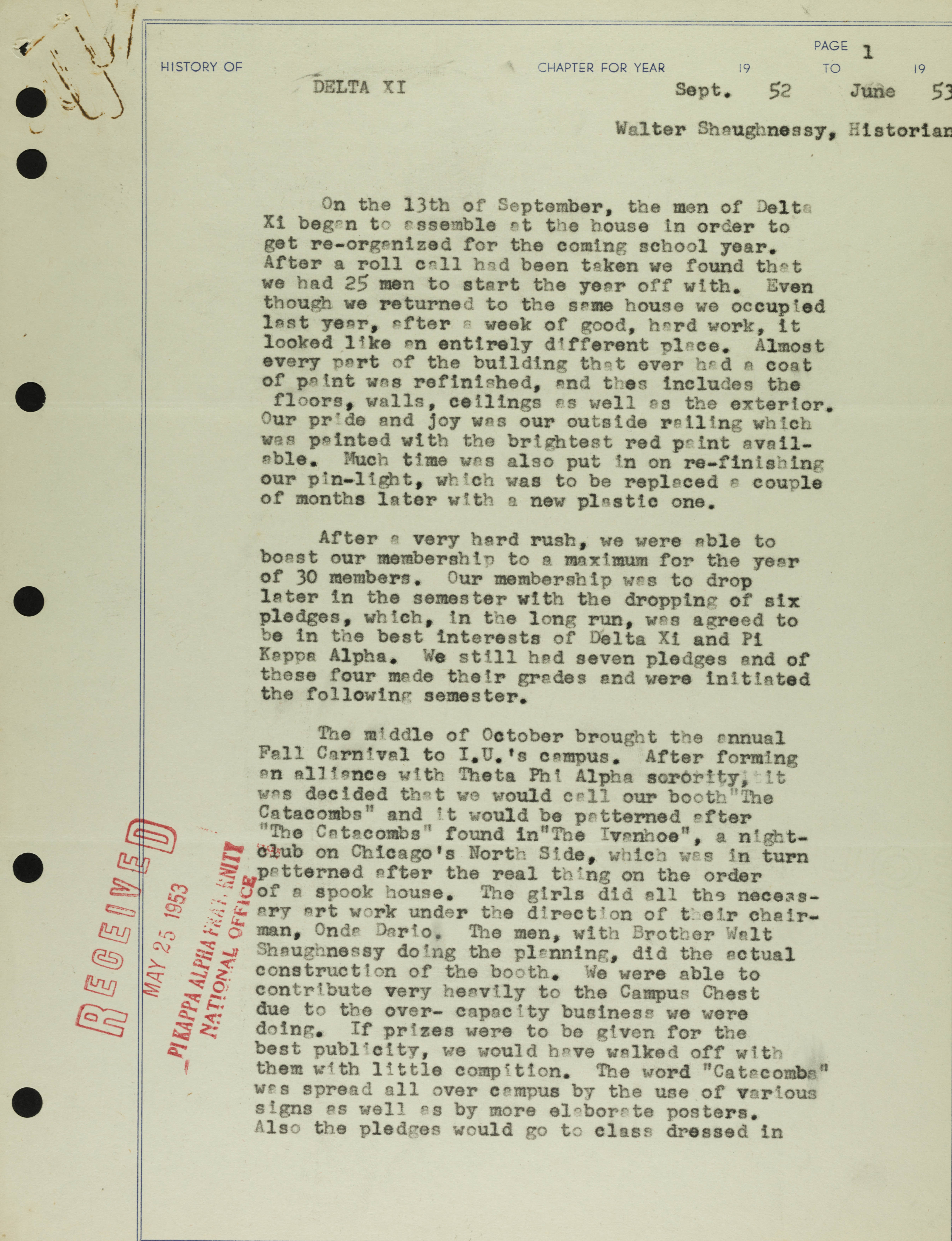 History of Delta Xi Chapter, September 1952-June 1953