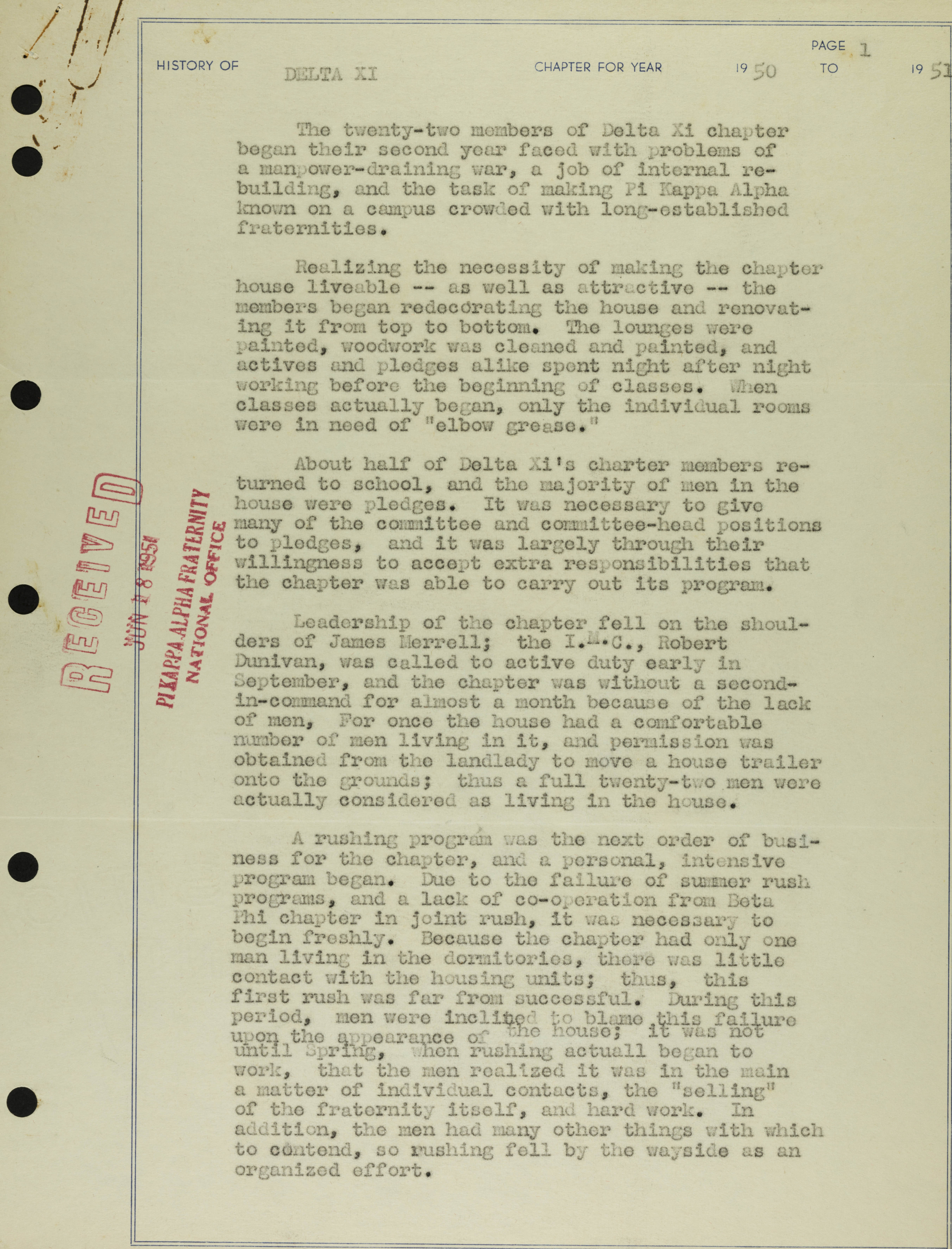 History of Delta Xi Chapter, 1950-1951