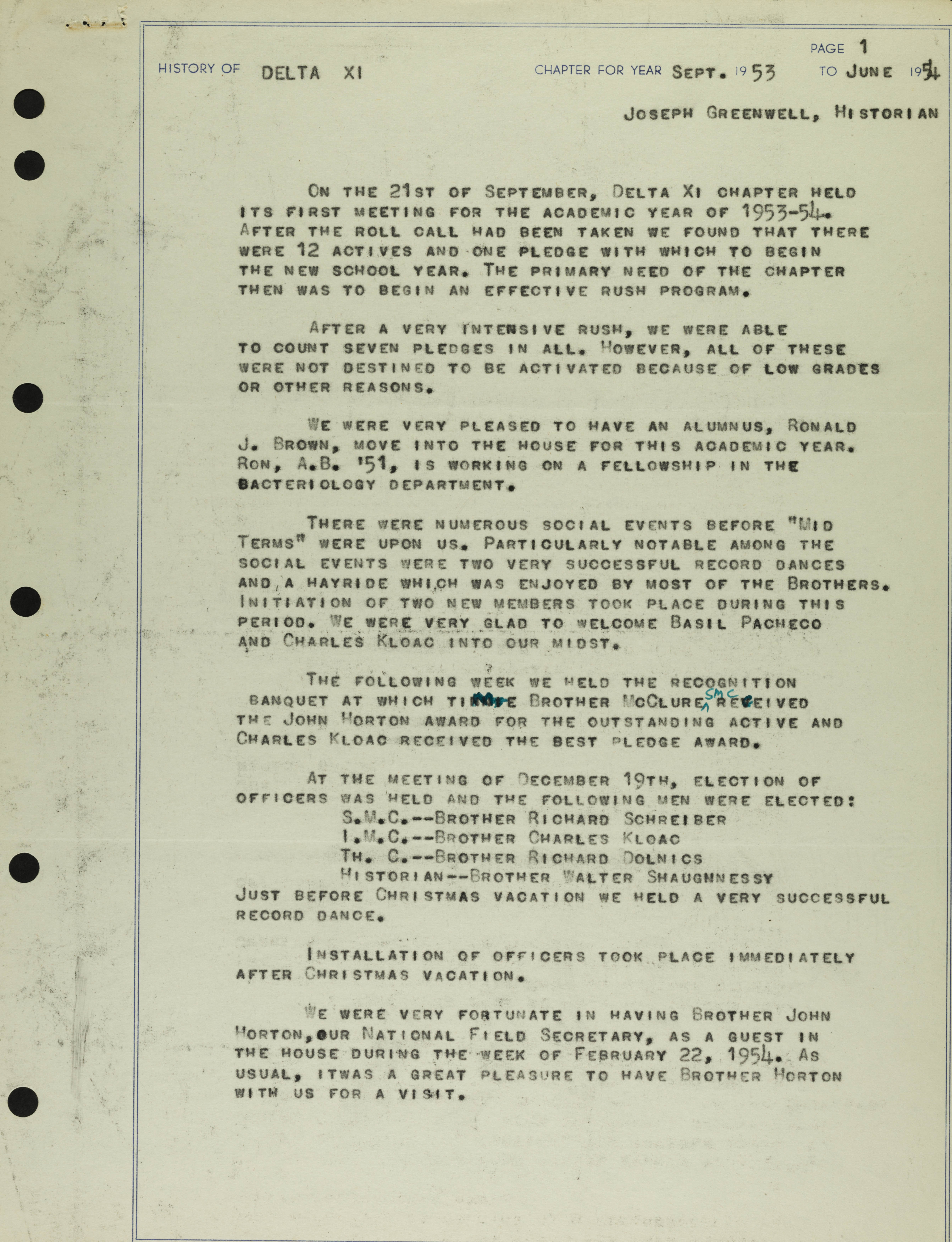 History of Delta Xi Chapter, September 1953-June 1954