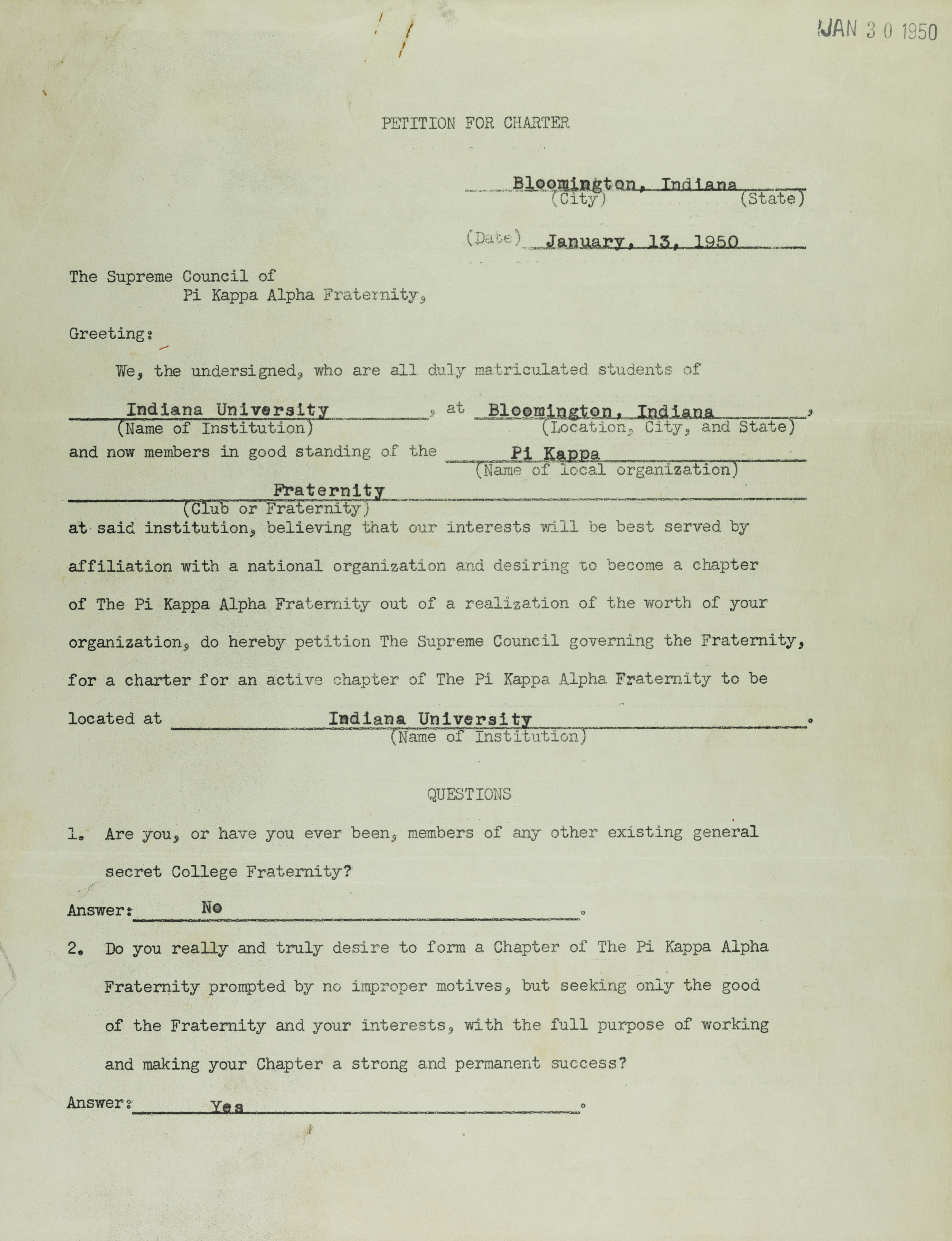 Petition for Charter, January 13, 1950