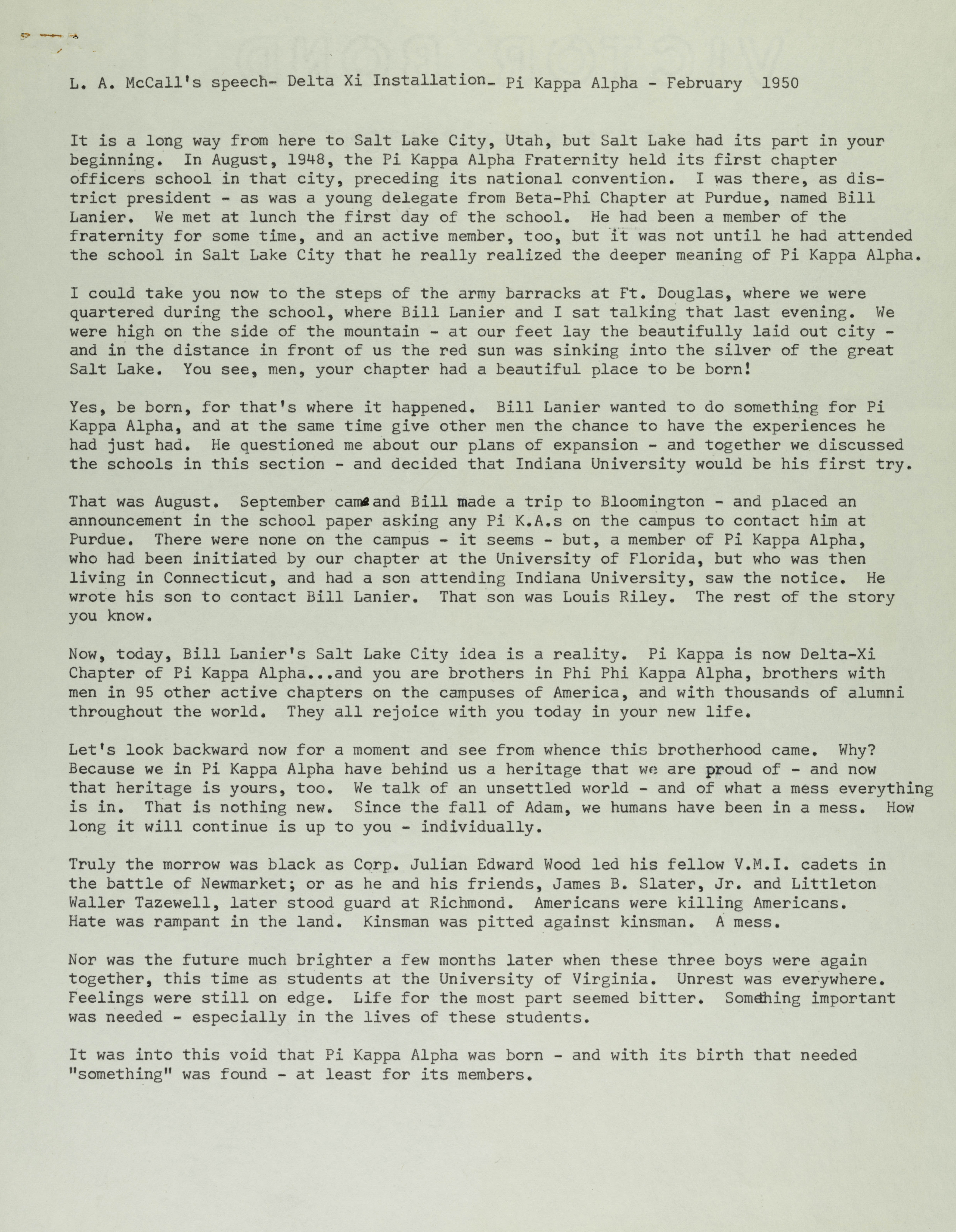L.A. McCall's Speech- Delta Xi Installation-Pi Kappa Alpha Fraternity, February 1950