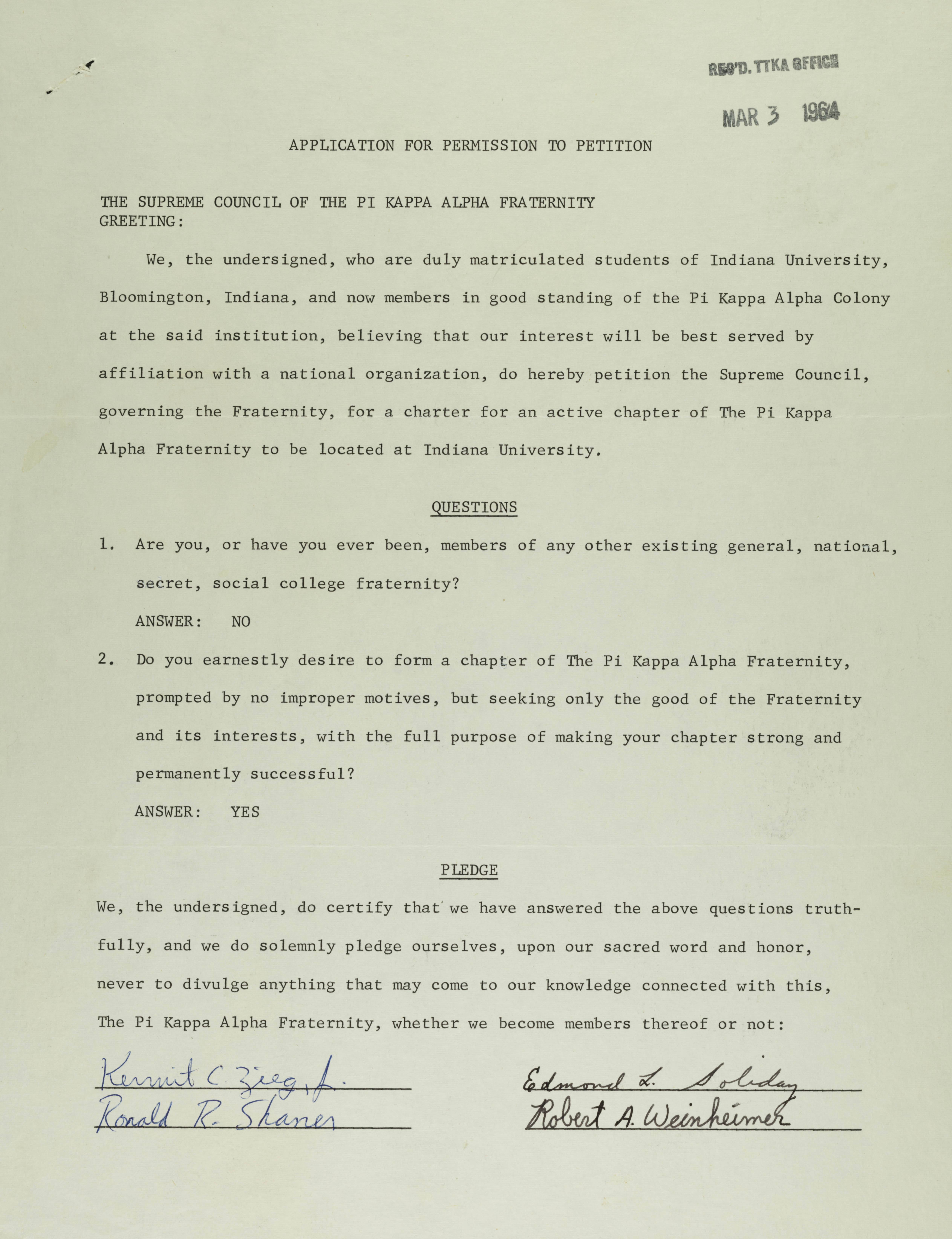 Application for Permission to Petition, March 3, 1964