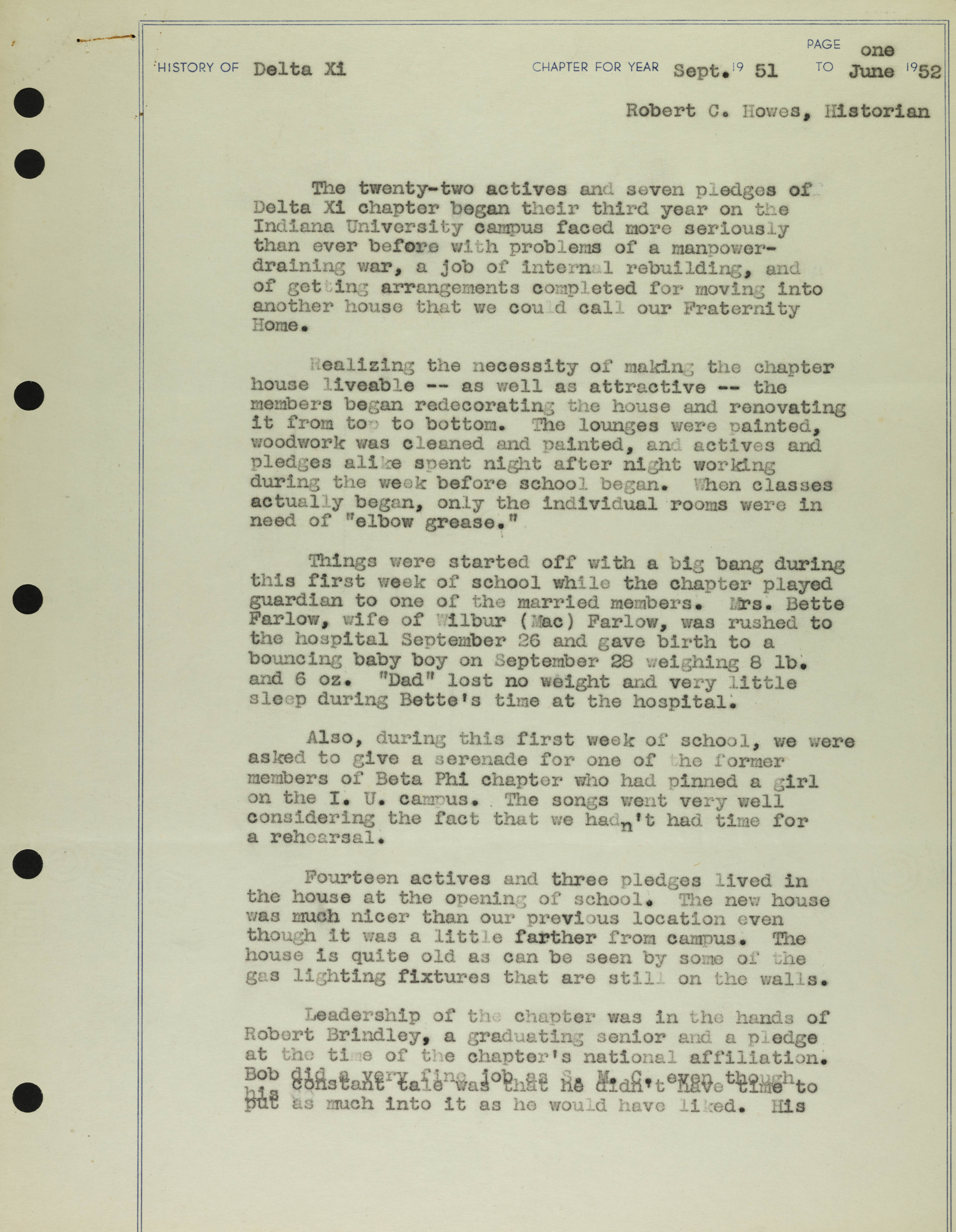 History of Delta Xi Chapter, September 1951-June 1952