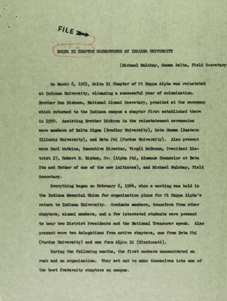 Delta Xi Chapter Rechartered at Indiana University, 1965