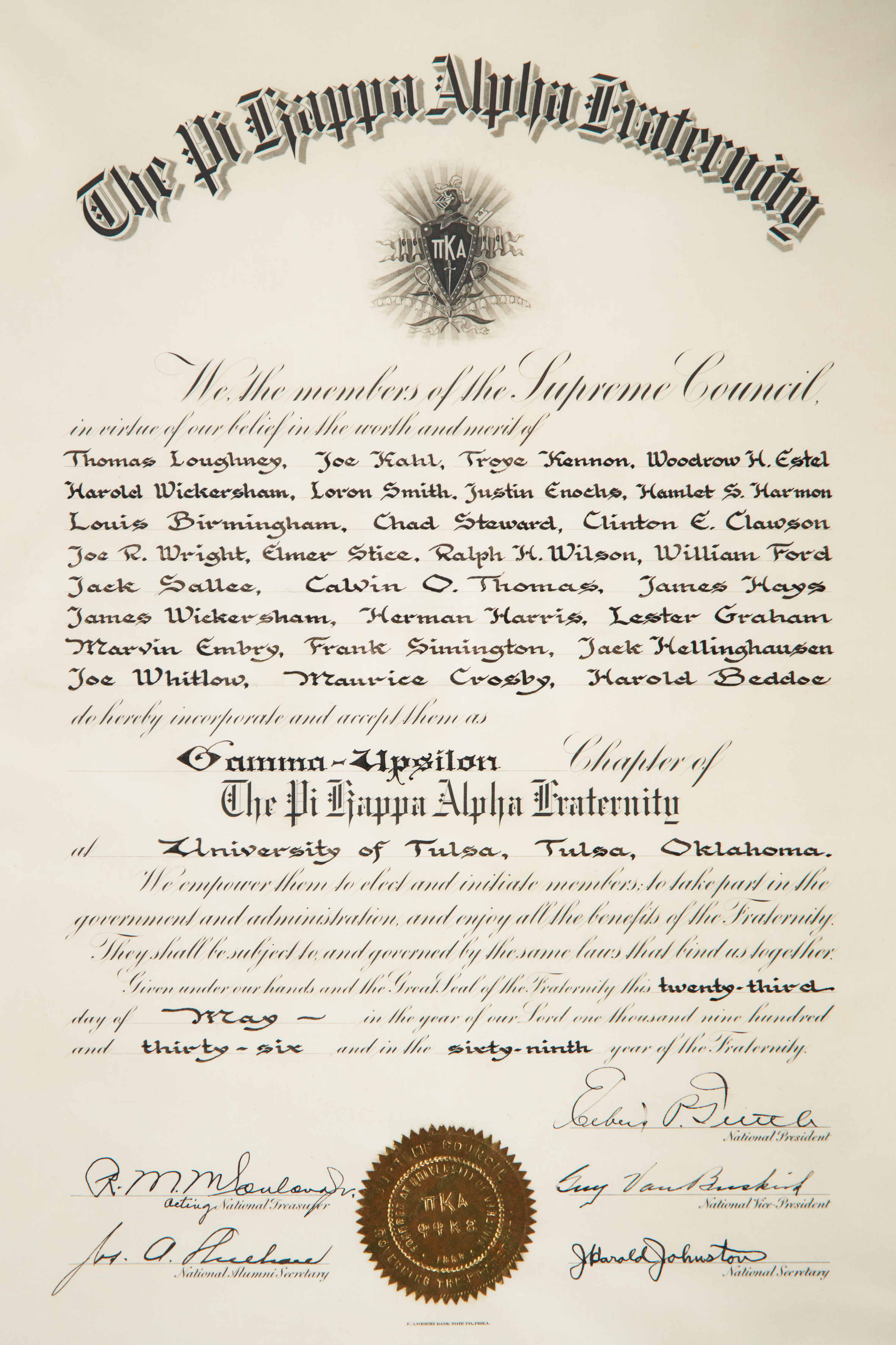 Gamma Upsilon Charter dated May 23, 1936