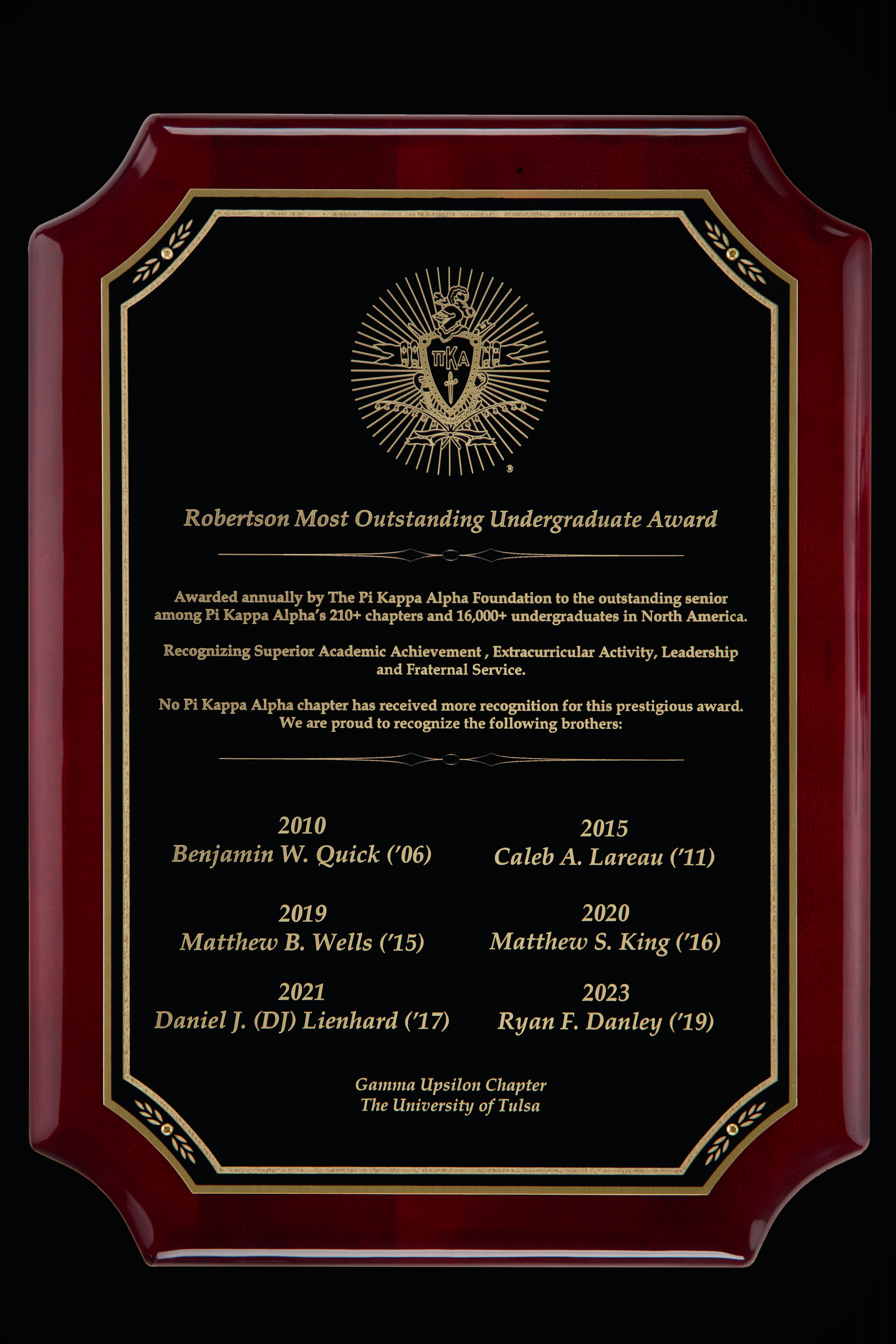 Pi Kappa Alpha Robertson Most Outstanding Undergradate Award Plaque